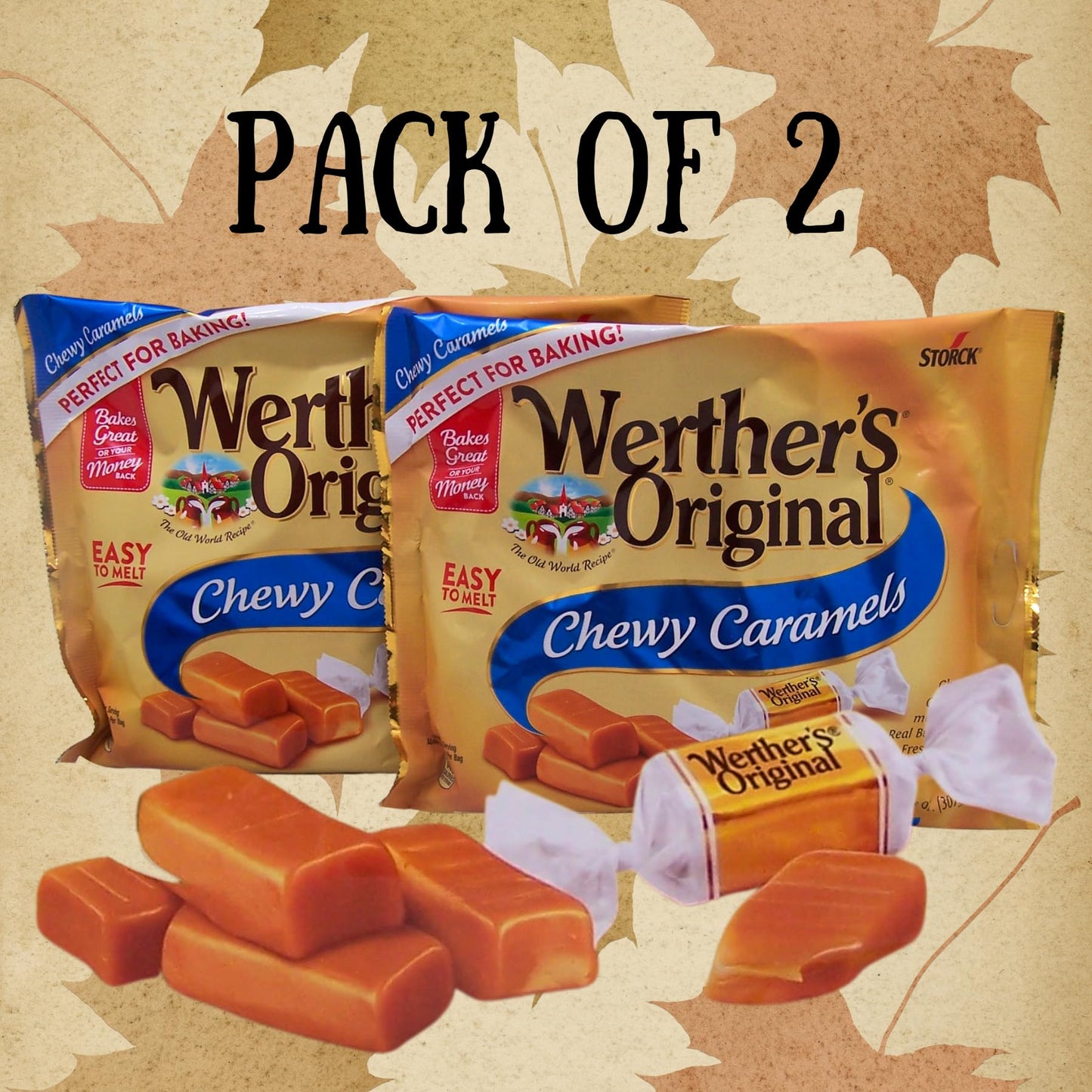 Werther's Original Soft Chewy Caramels, Soft Caramel Candy Made with Real Butter & Fresh Cream, Fall Treat, Perfect for Baking, Pack of 2, 10.8 Ounces