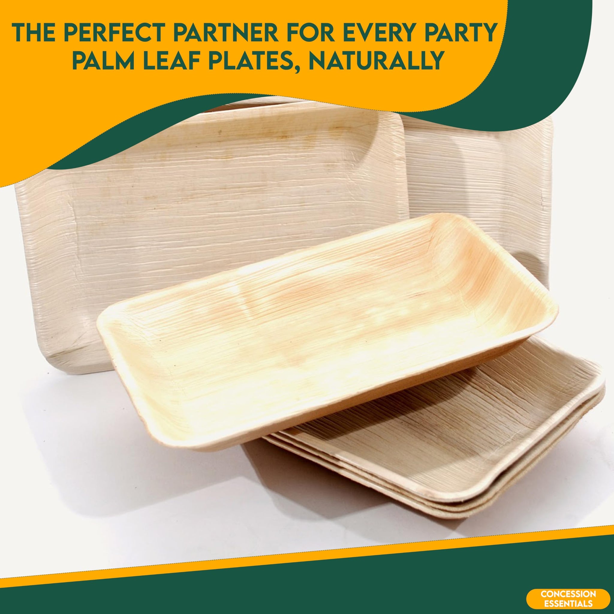 Concession Essentials Palm Leaf Rectangular Modern Plates (25 Count) - Disposable, Compostable & Biodegradable (9" x 6")