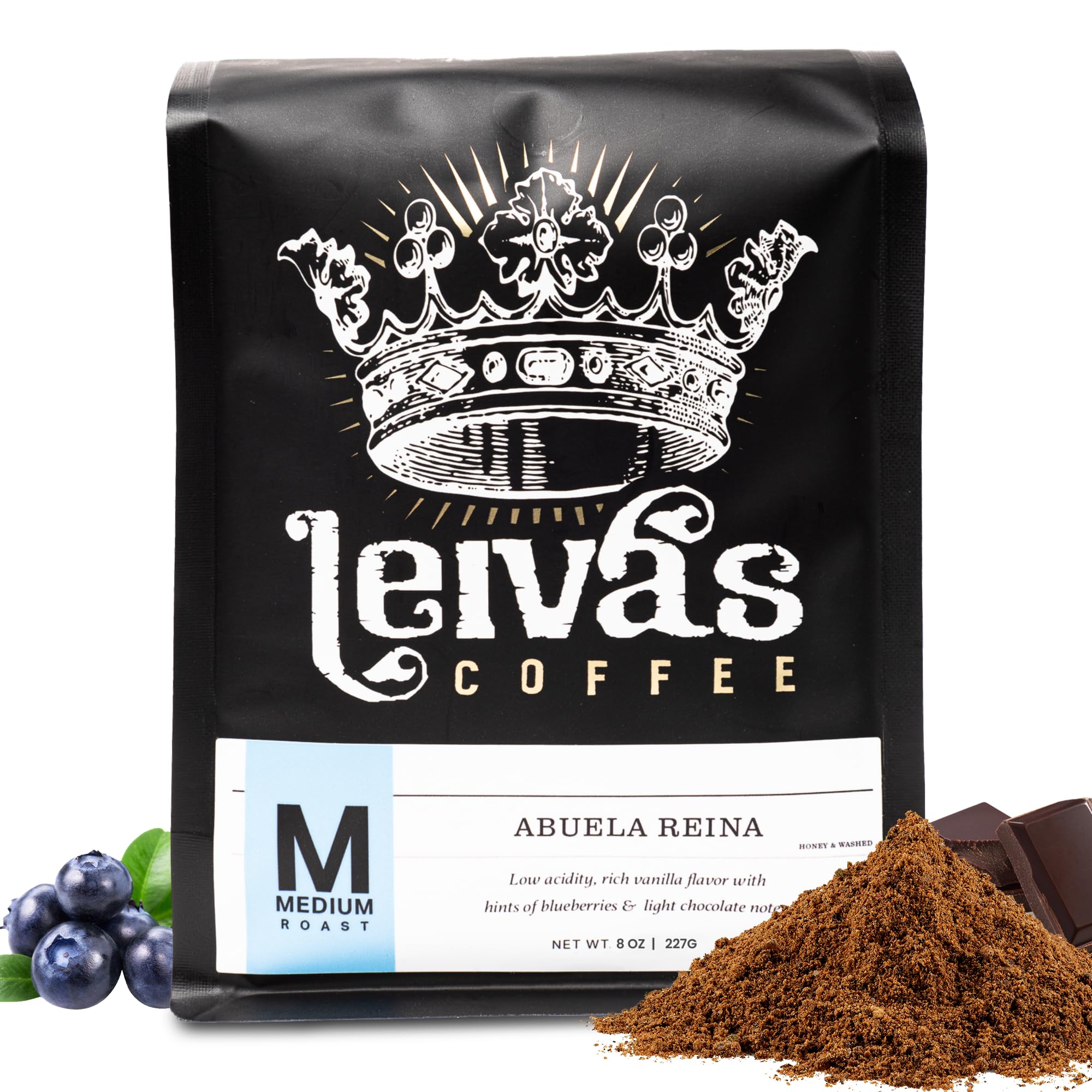 Leiva’s Medium Roast Ground Coffee (8 Oz) - Freshly Roasted, Single Origin Guatemalan Beans - Abuela Reina Coffee Grounds w/Vanilla, Blueberries