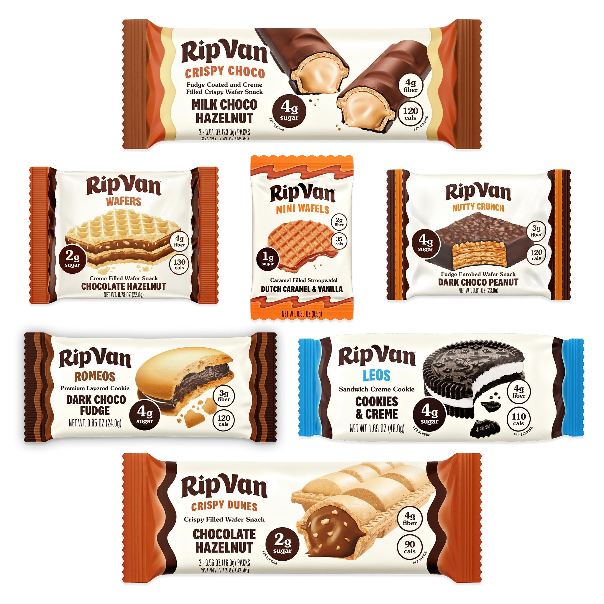 Rip Van Variety Discovery Pack (7 Count) - Low Sugar Healthy Snack Sampler - Includes Romeos, Leos, Dutch Caramel Stroopwafels, Chocolate Hazelnut