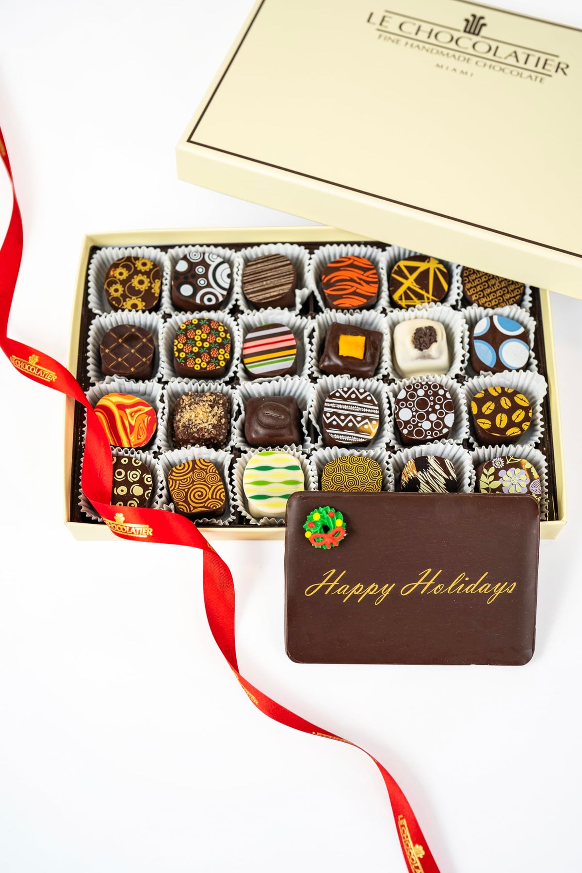 Le Chocolatier Happy Holidays Gourmet Lactose Free, Vegan Friendly Chocolate Truffle Gift Box - Perfect for Chistmas & New Years Gifts (24 Piece Box)