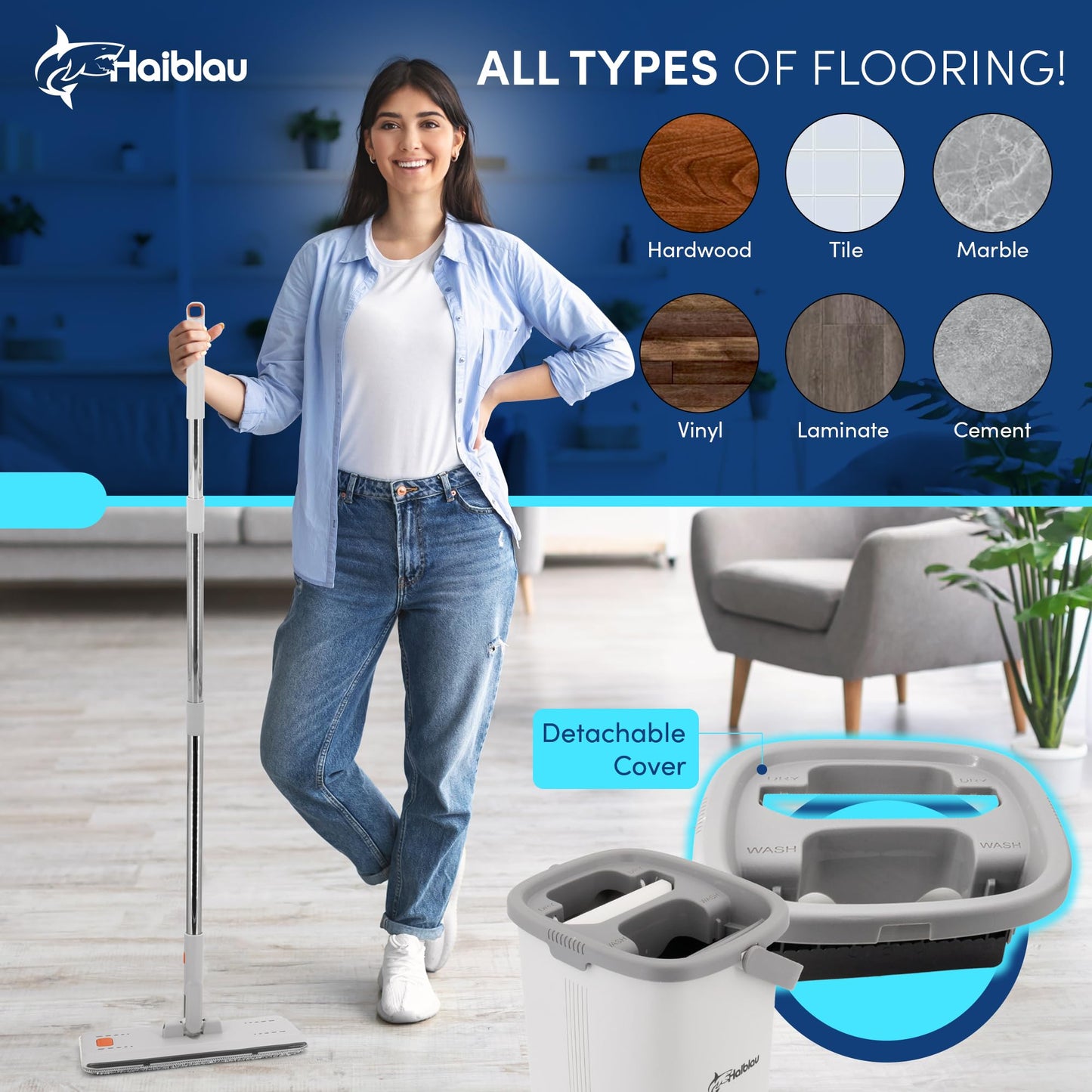 Haiblau Flat Mop & Bucket Wringer Set with Self-Squeeze Mini Mop, Portable Handheld Wet/Dry Cleaner with Microfiber Pads, Flat Mop and Bucket System