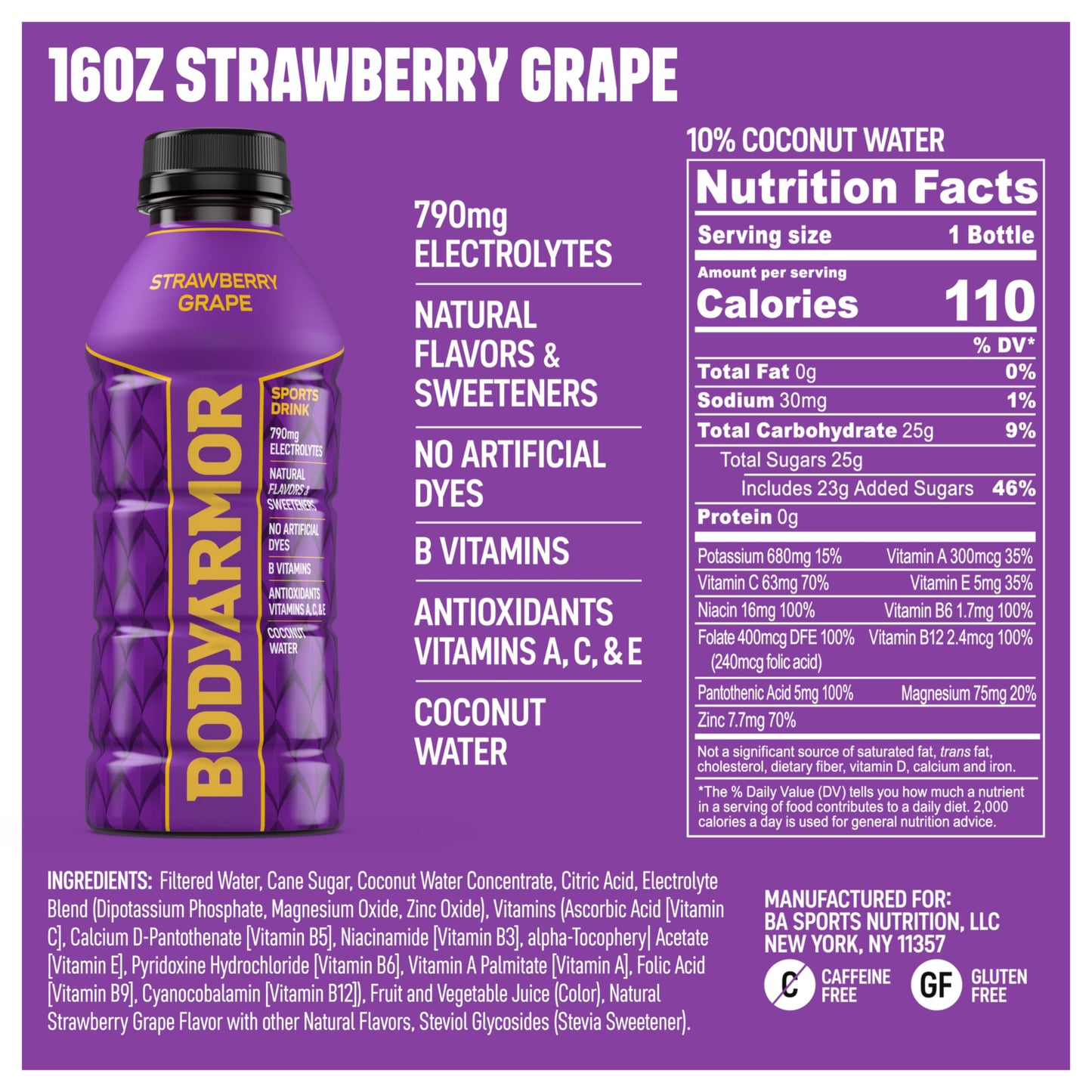 BODYARMOR Sports Drink, Strawberry Grape, Electrolyte Drink Hydration, 16 Fl Oz Bottles (12 Pack), Flavored Coconut Water with B Vitamins