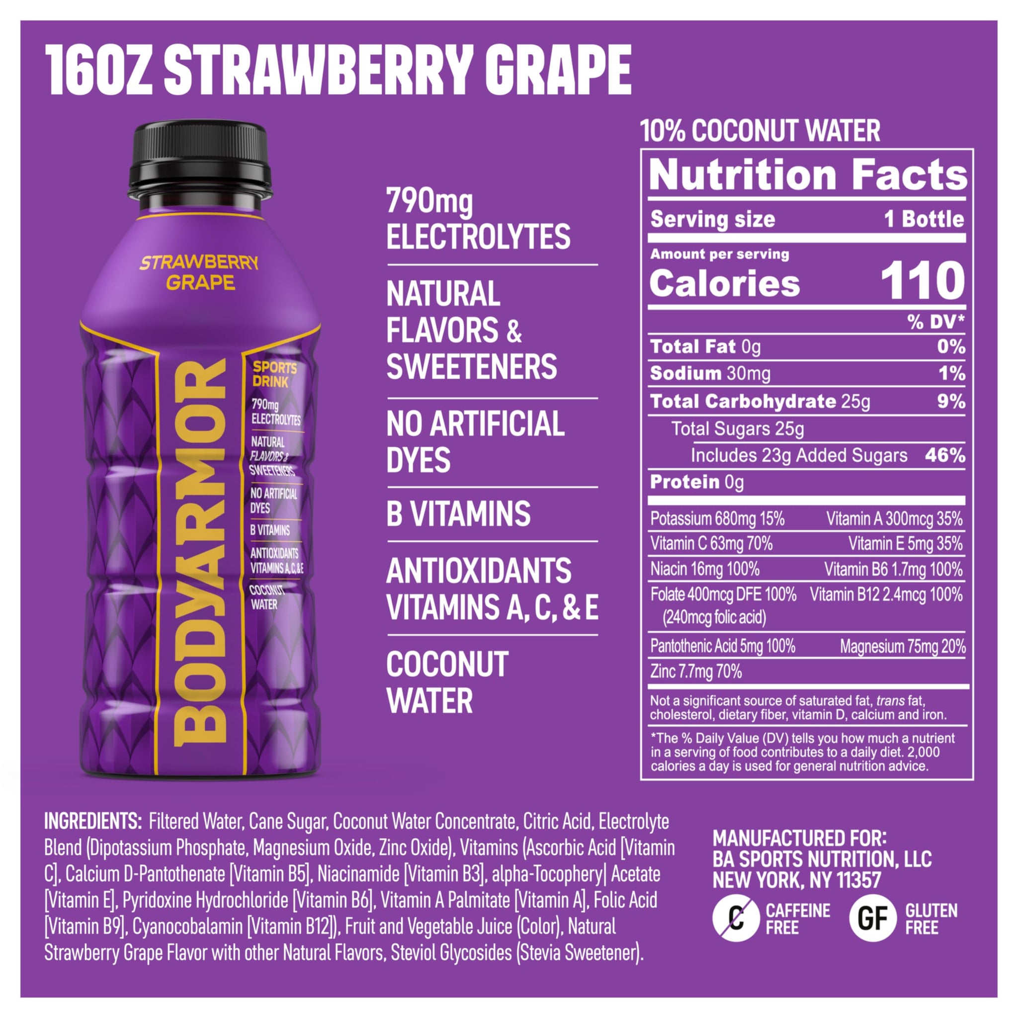 BODYARMOR Sports Drink, Strawberry Grape, Electrolyte Drink Hydration, 16 Fl Oz Bottles (12 Pack), Flavored Coconut Water with B Vitamins