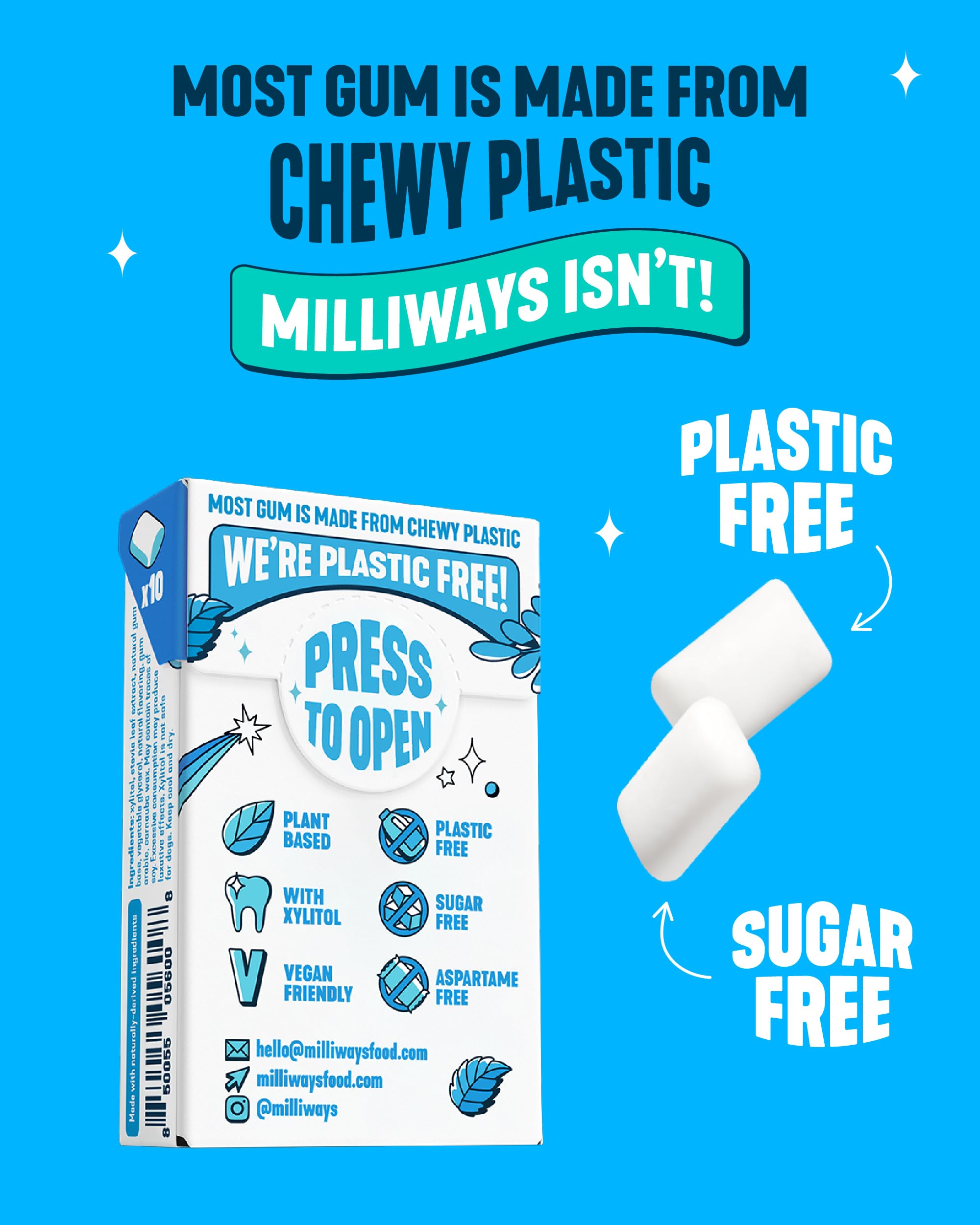 Milliways Peppermint | Plastic Free Gum | Xylitol, Aspartame-Free, Sugar-Free, Plant-Based, Natural Chewing Gum | 40 Pieces Total (4 Packs of 10