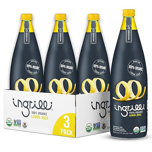 Ingrilli 100% Organic Lemon Juice, 33.8 Fl Oz Glass Bottle (Pack of 3)