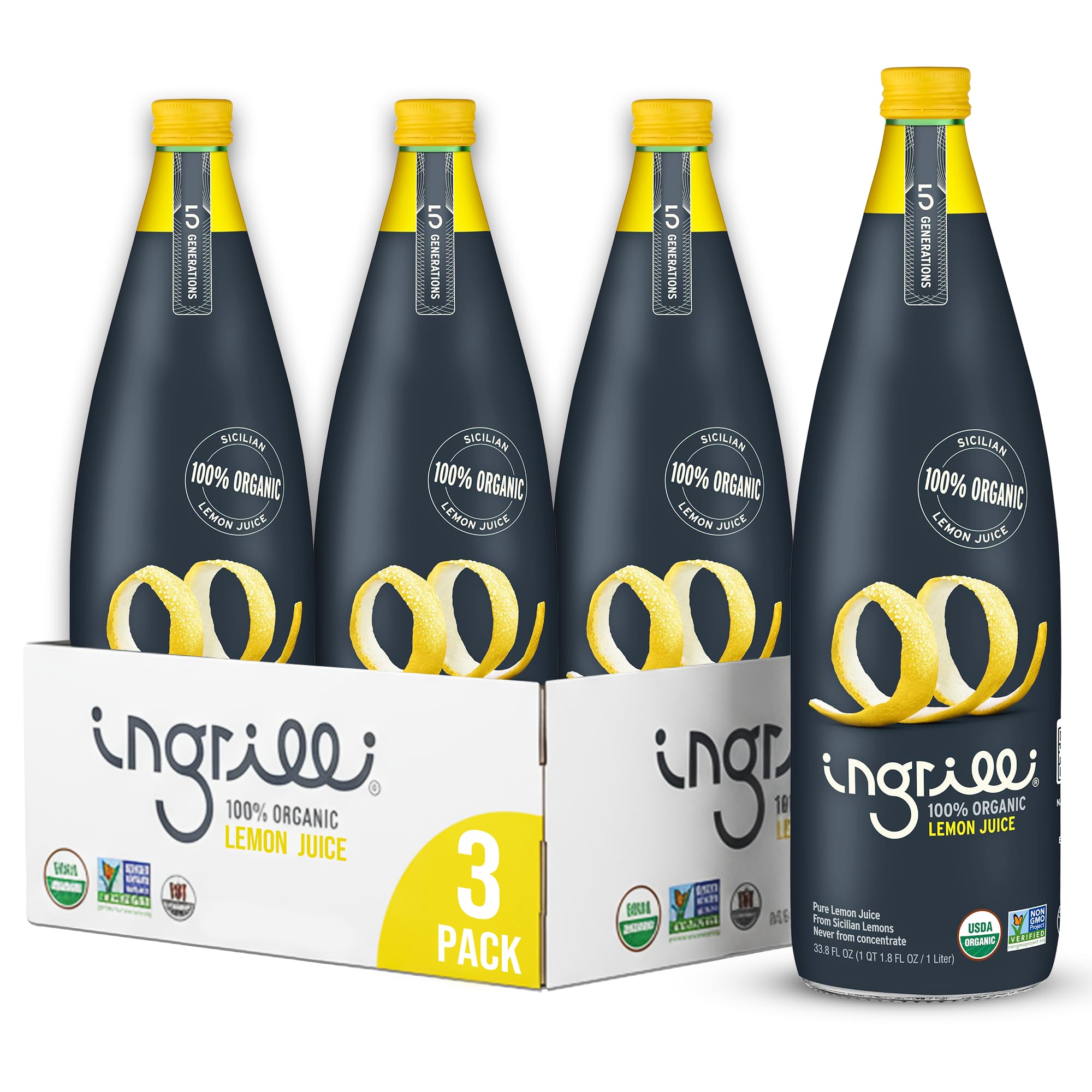 Ingrilli 100% Organic Lemon Juice, 33.8 Fl Oz Glass Bottle (Pack of 3)