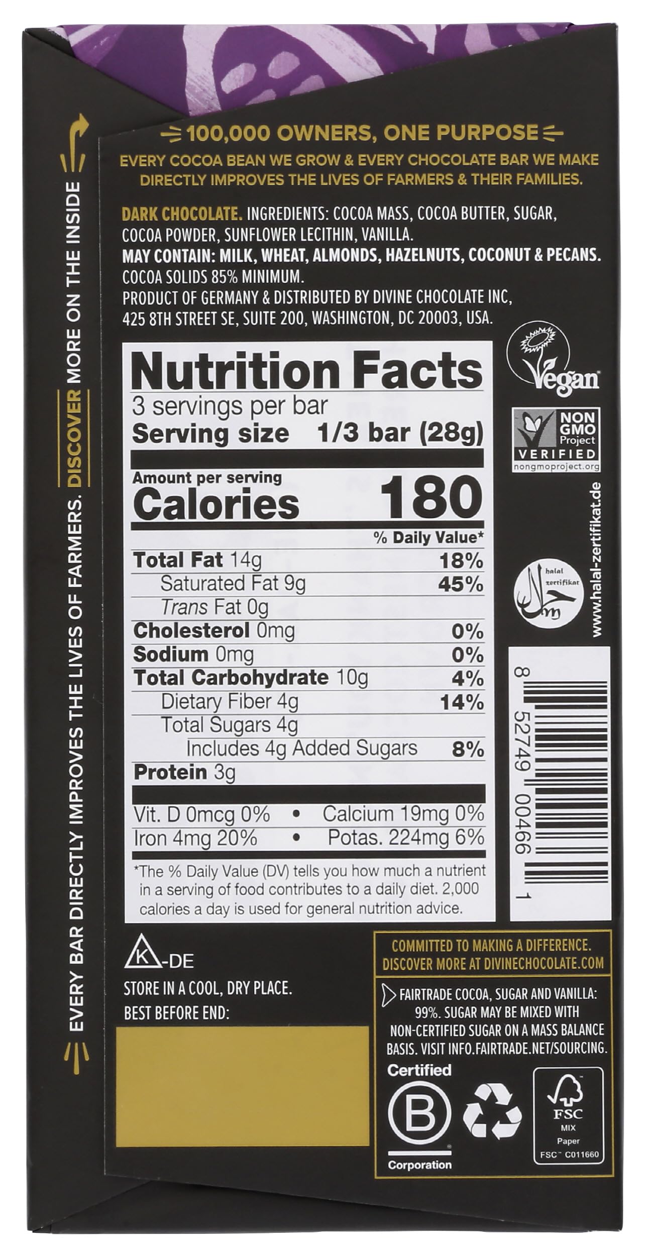 Divine Chocolate, Bar Dark Chocolate Exquisitely Rich 85%, 3 Ounce