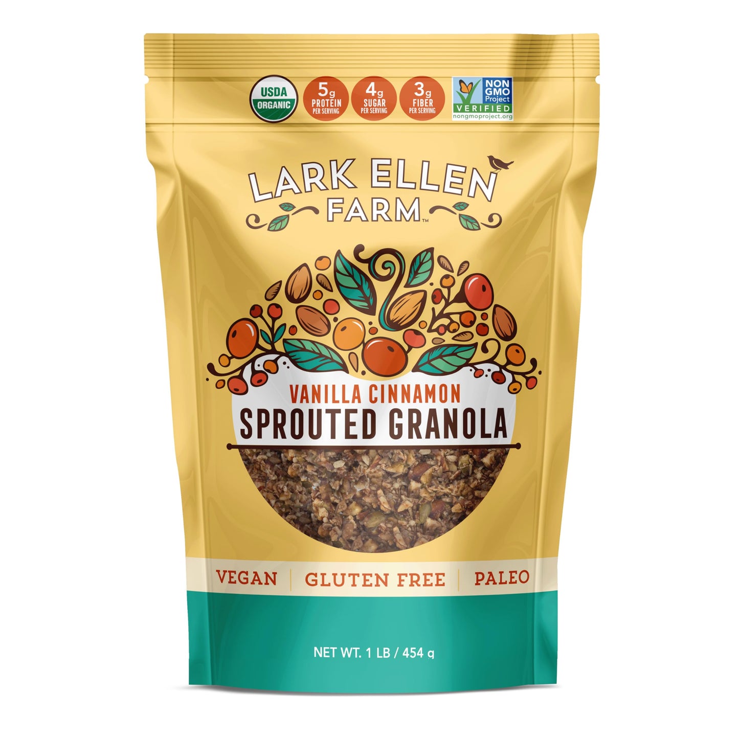 Lark Ellen Farm Grain Free Granola, Sprouted Nuts and Seeds, USDA Organic, Raw, Low Sugar, Vegan, Paleo, Gluten Free, Crunchy Clusters, 1 lb (1 LB)