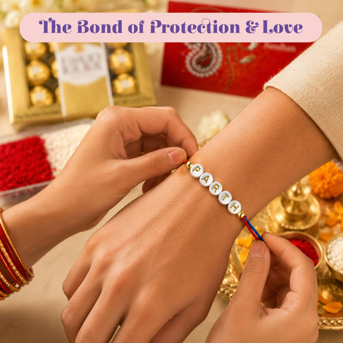 LoveNspire Personalized Name Bead Rakhi for Brother - Custom Bracelet Jewelry Gift with Greeting Card, Roli Chawal & Chocolates, Raksha Bandhan Gift