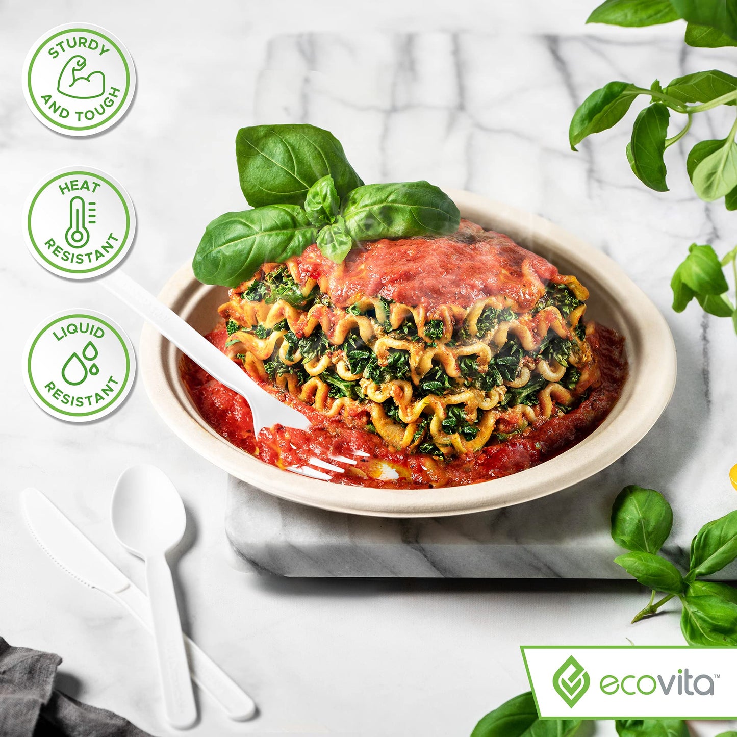 Ecovita 100% Compostable Forks Spoons Knives Cutlery Combo Set - 380 Large Disposable Utensils (7 in.) Eco Friendly Durable and Heat Resistant