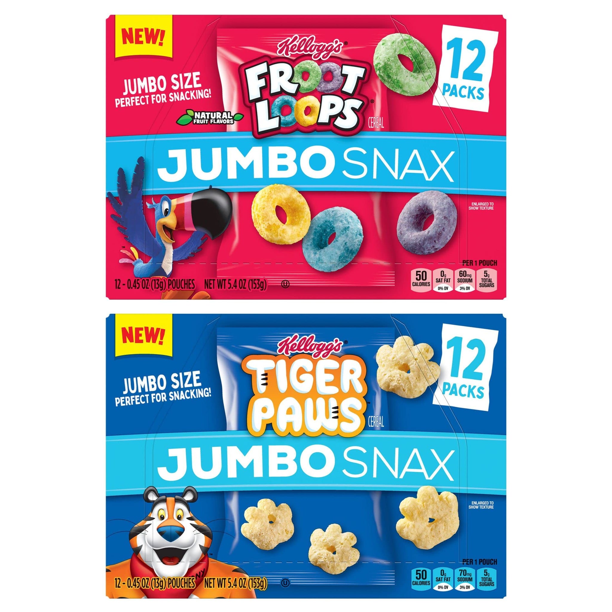 Kellogg's Jumbo Snax Cereal Snacks, Kids Snacks, Lunch Box Snacks, Variety Pack (3 Boxes, 36 Pouches)