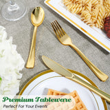 FOCUSLINE 75 Pack Gold Plastic Silverware Disposable Cutlery Set - 25 Forks Knives Spoons - Disposable Flatware Heavy Duty Plastic Utensils Set