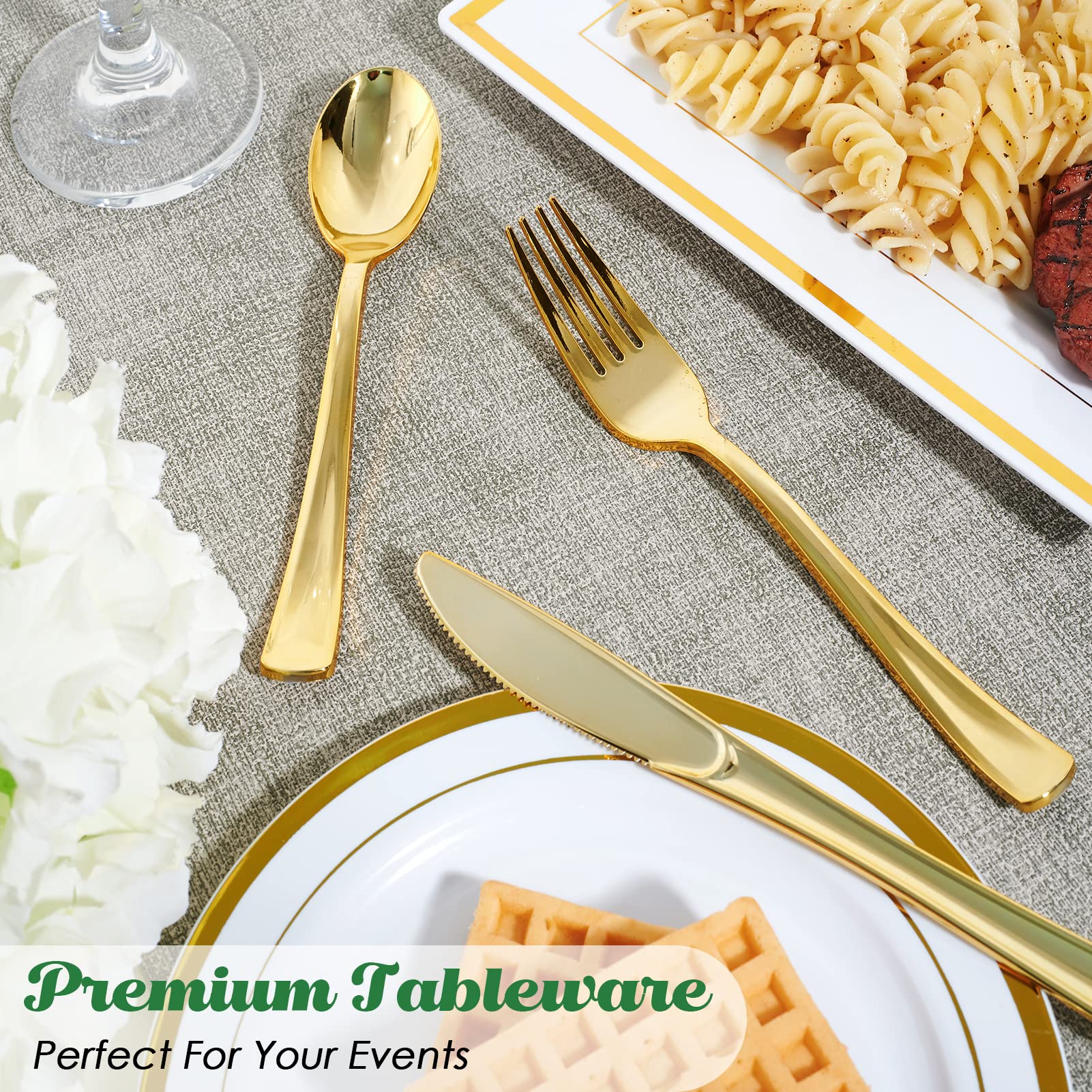 FOCUSLINE 75 Pack Gold Plastic Silverware Disposable Cutlery Set - 25 Forks Knives Spoons - Disposable Flatware Heavy Duty Plastic Utensils Set