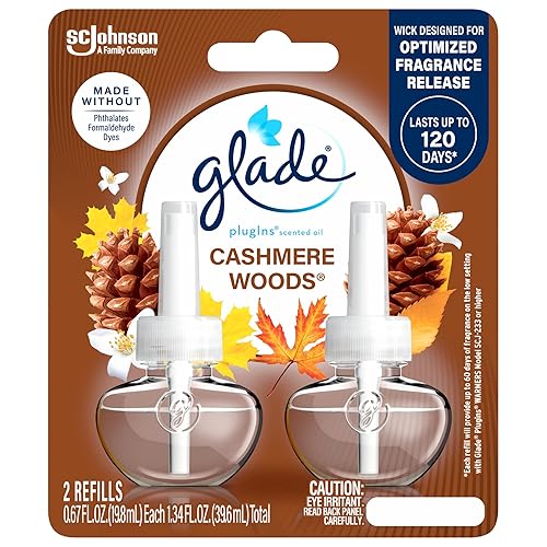 Glade PlugIns Refills Air Freshener, Scented and Essential Oils for Home and Bathroom, Cashmere Woods, 1.34 Fl Oz, 2 Count