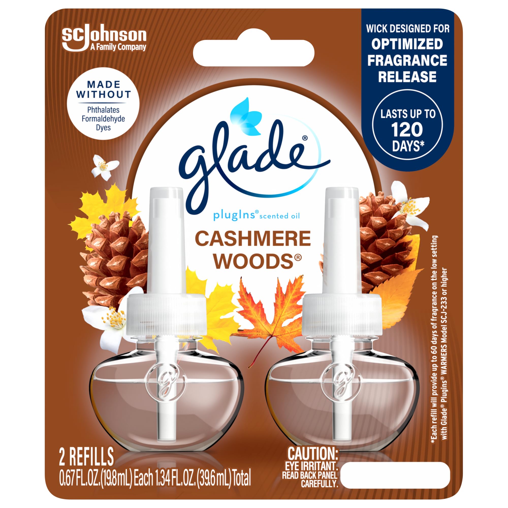 Glade PlugIns Refills Air Freshener, Scented and Essential Oils for Home and Bathroom, Cashmere Woods, 1.34 Fl Oz, 2 Count