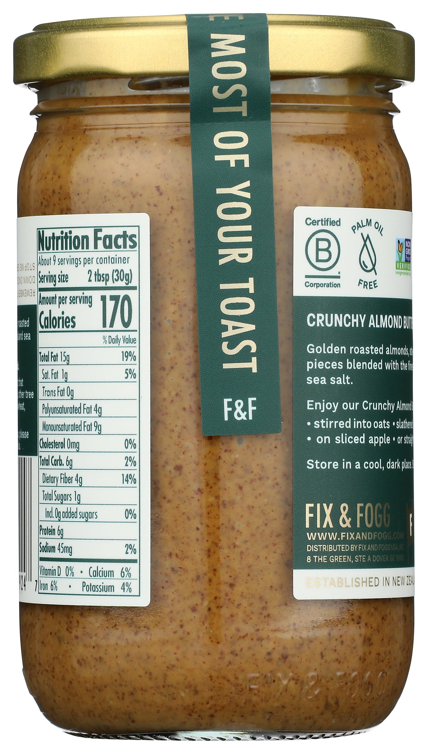 Fix & Fogg Crunchy Almond Butter - Natural Almond Butter Spread, New Zealand Made, No Added Sugar, Palm Oil Free, Non-GMO, Vegan, Keto & Paleo - 10