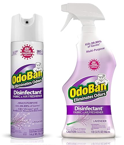 OdoBan Ready-to-Use Disinfectant and Harsh Aroma Eliminator, Cleaner and Fabric/Air Freshener, Set of 2, 14.6 Ounce 360-Degree Continuous Spray and 32