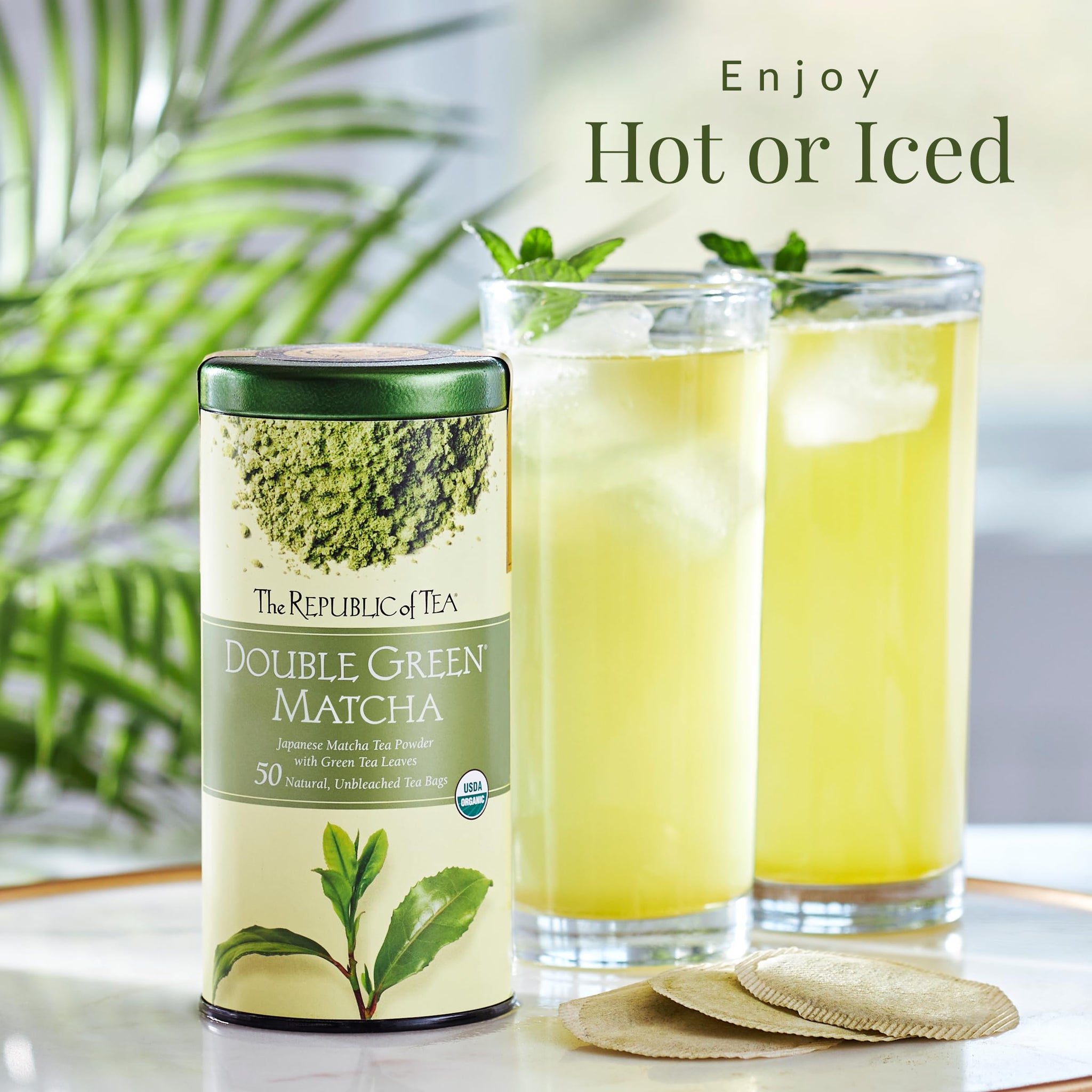 The Republic of Tea Organic Double Green Matcha, Individual Tea Bags with Japanese Matcha Tea Powder and Green Tea Leaves Blend, Natural Unbleached