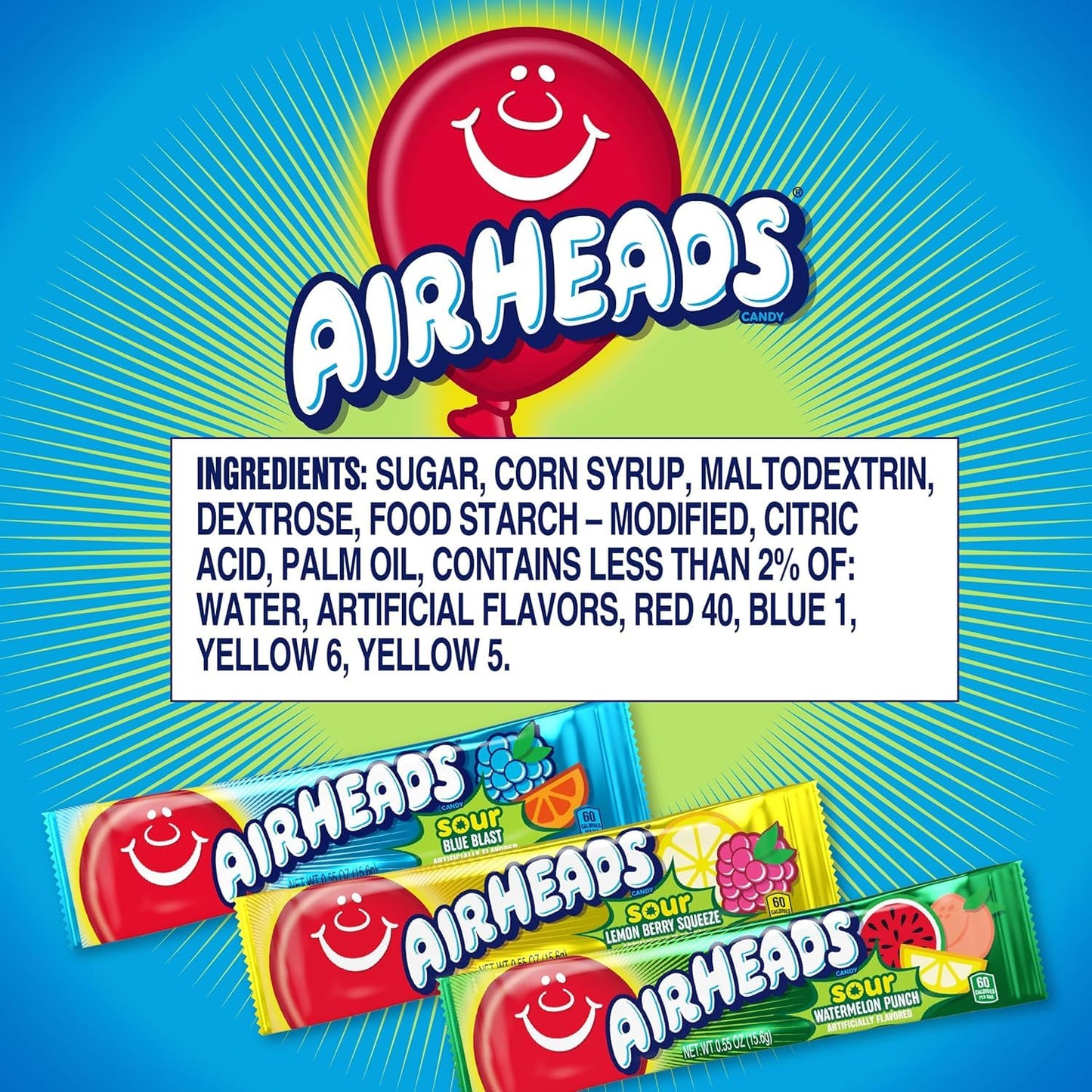 Airheads Mini SOUR Bars, Sour Watermelon Punch, Blue Blast, and Lemon Berry Squeeze, 5lb Bulk Bag