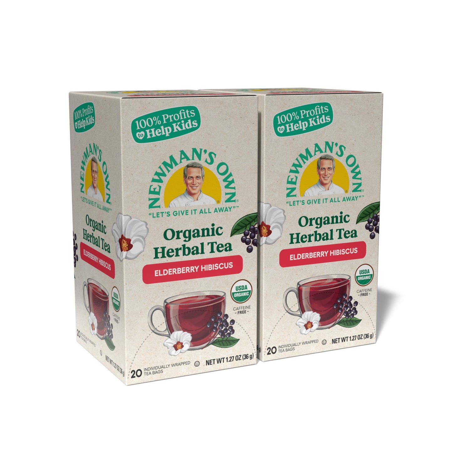 Newman's Own Organic Elderberry Hibiscus Tea Containing Healthy Antioxidants with 20 Individually Wrapped Bags Per Box (Pack of 2) USDA Certified