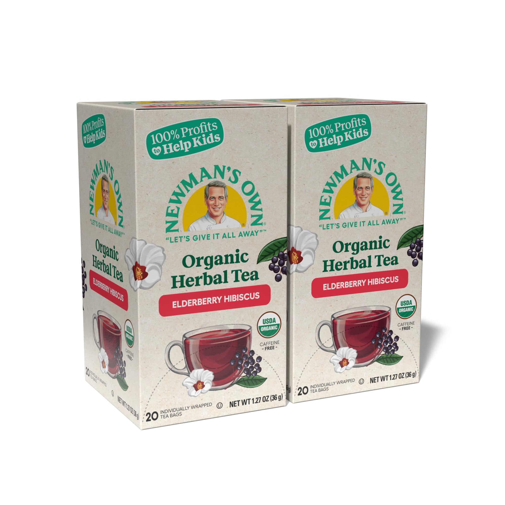 Newman's Own Organic Elderberry Hibiscus Tea Containing Healthy Antioxidants with 20 Individually Wrapped Bags Per Box (Pack of 2) USDA Certified