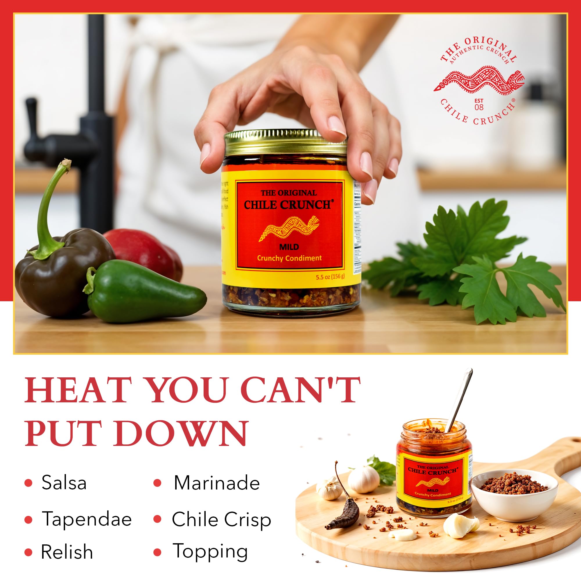 CHILE CRUNCH - Mild Spicy Crunchy Condiment - All Natural Roasted Chili Peppers, Garlic & Onion Crisp Sauce - Vegan, Gluten-Free, No Preservatives