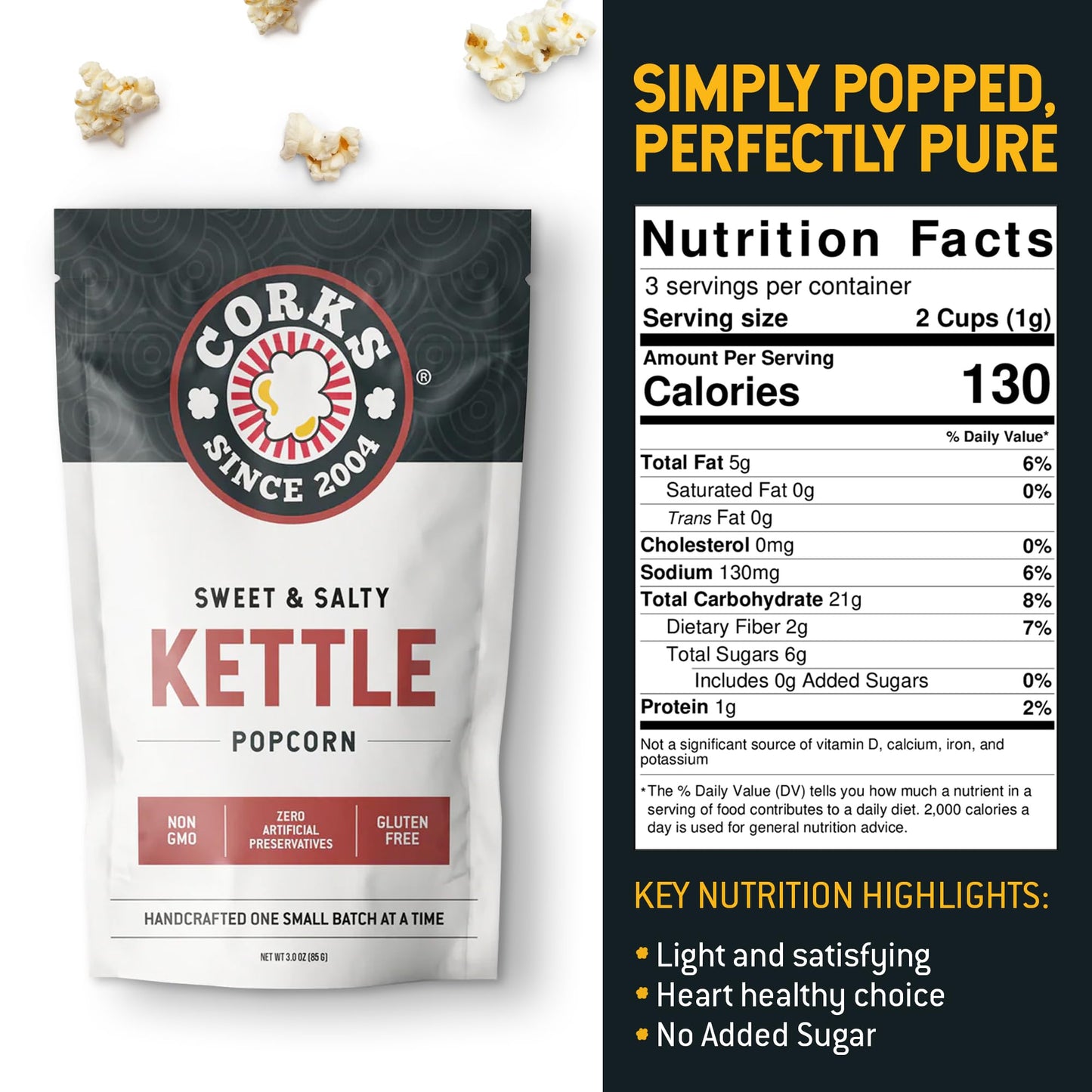 Corks Original Kettle Corn Popcorn Bags, 3oz - Sweet and Salty Gourmet Popcorn Coated with Fine Sugar & Salted to perfection, Gluten-Free, Classic