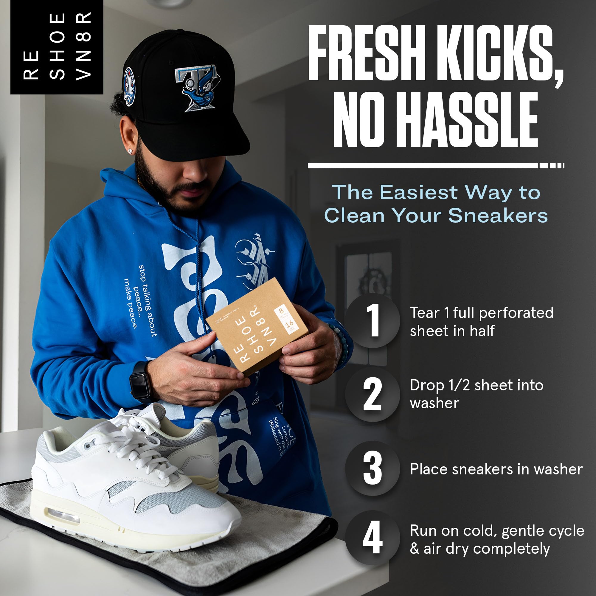 RESHOEVN8R Shoe Wash Detergent Sneaker Laundry Sheets - 16 Loads, Cleans 48 Shoes - Eco-Friendly Shoe Cleaner for Washer - Safe on All Shoes, Laces