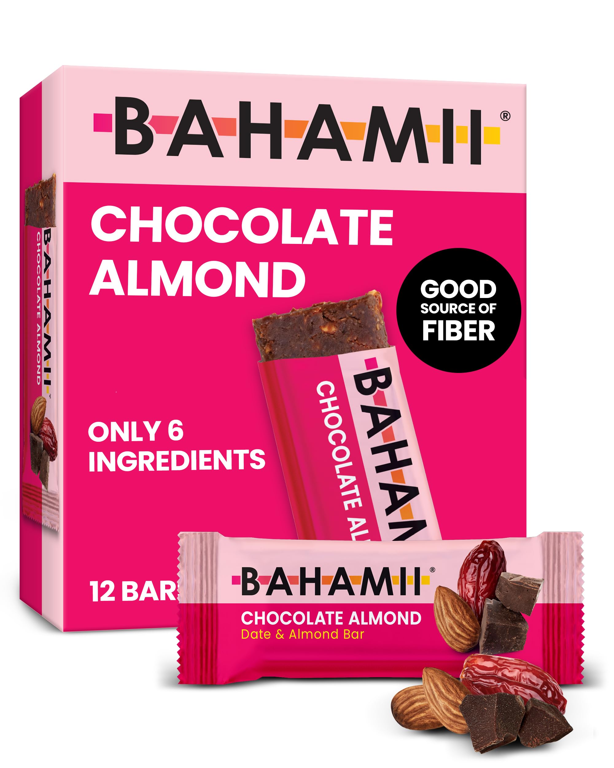 Bahamii Chocolate Almond Date and Energy Bars, Healthy Snacks and Breakfast Bars for Kids and Adults, No Sugar Added, Gluten Free, High Fiber, Vegan