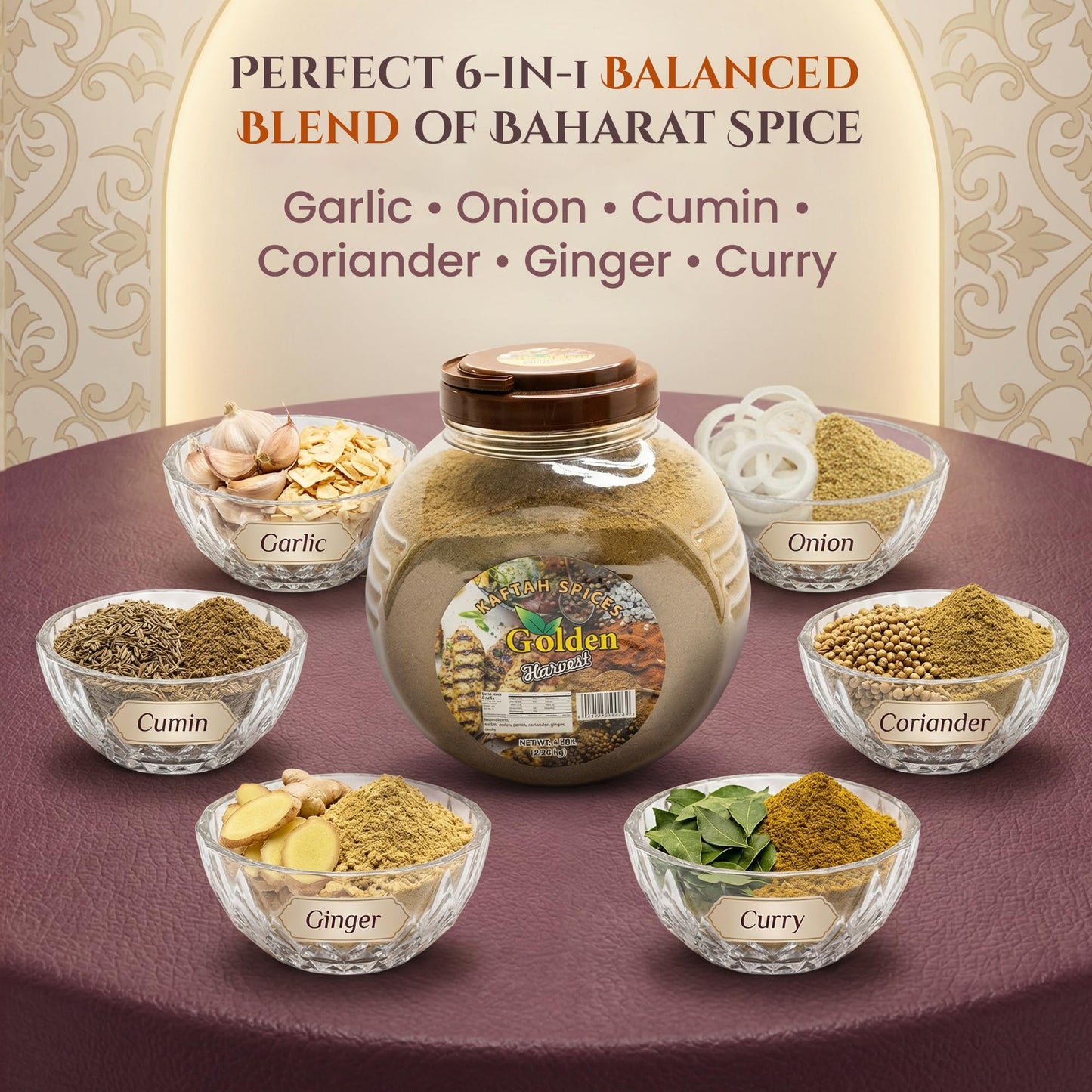 Golden Harvest Kaftah Spices - 6-in-1 Blend of Garlic, Onion, Cumin, Ginger, Curry, Coriander Powder, Non-GMO Kabsa Spice - Middle Eastern Chicken