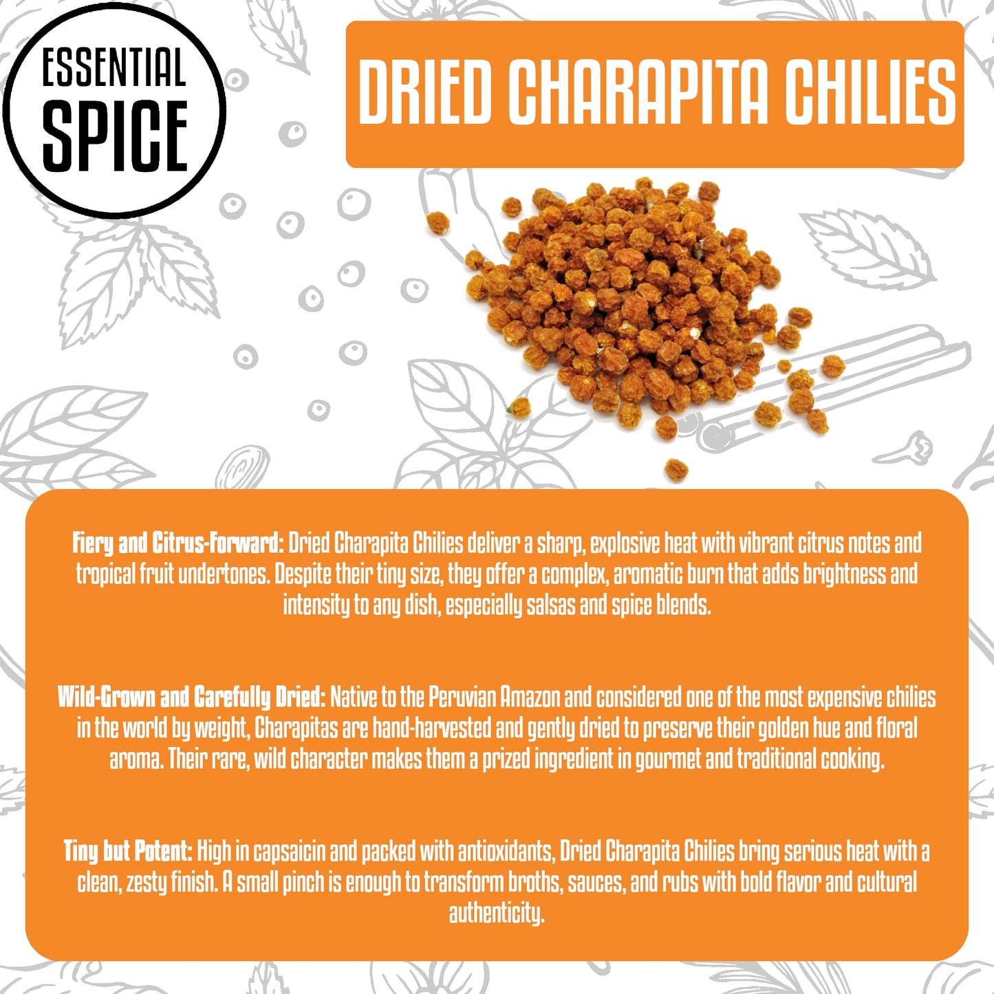 Essential Spice Dried Charapita Chilies - Rare Wild Peruvian Pepper with Intense Heat & Fruity-Citrus Flavor - Whole Dried Pods for Hot Sauces