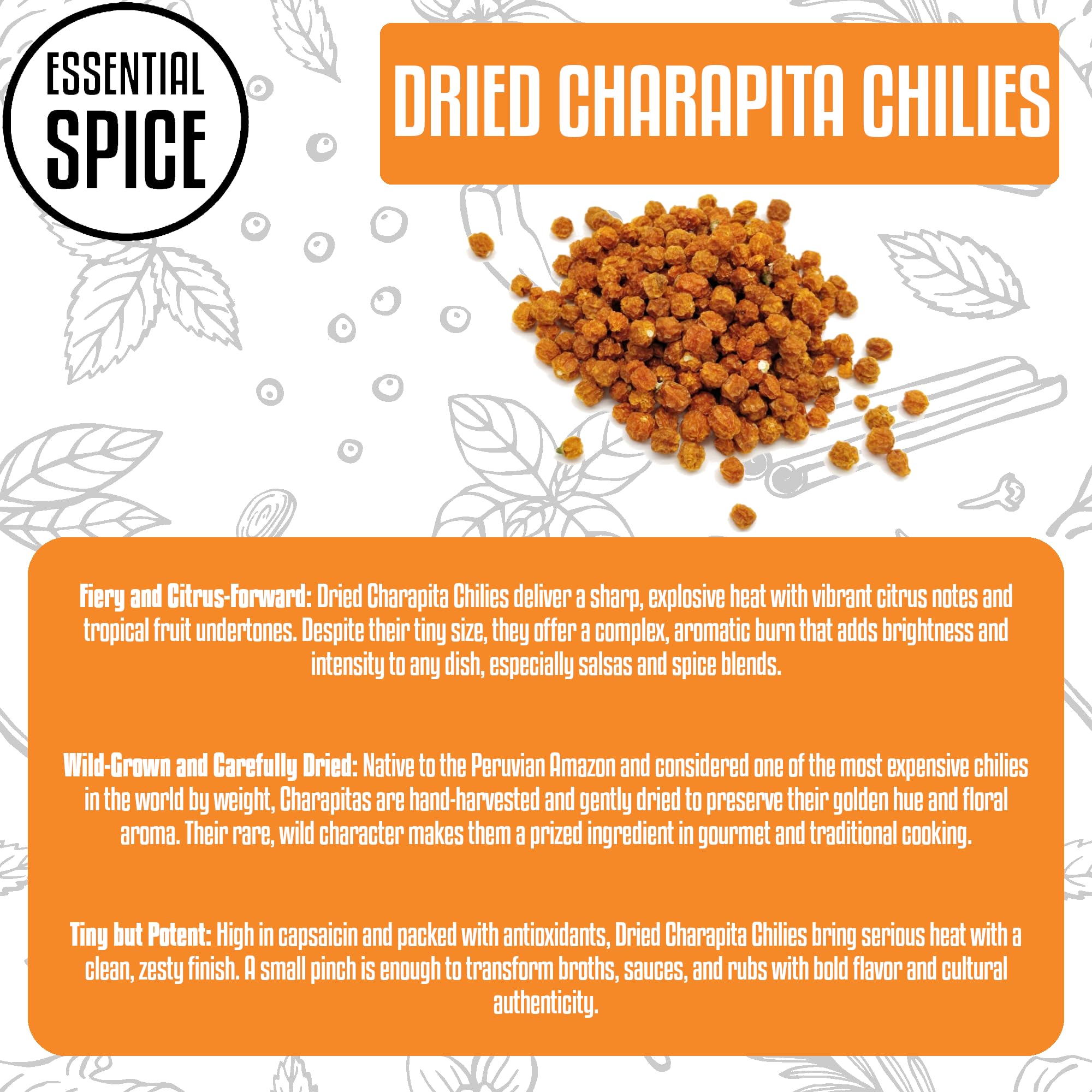 Essential Spice Dried Charapita Chilies - Rare Wild Peruvian Pepper with Intense Heat & Fruity-Citrus Flavor - Whole Dried Pods for Hot Sauces