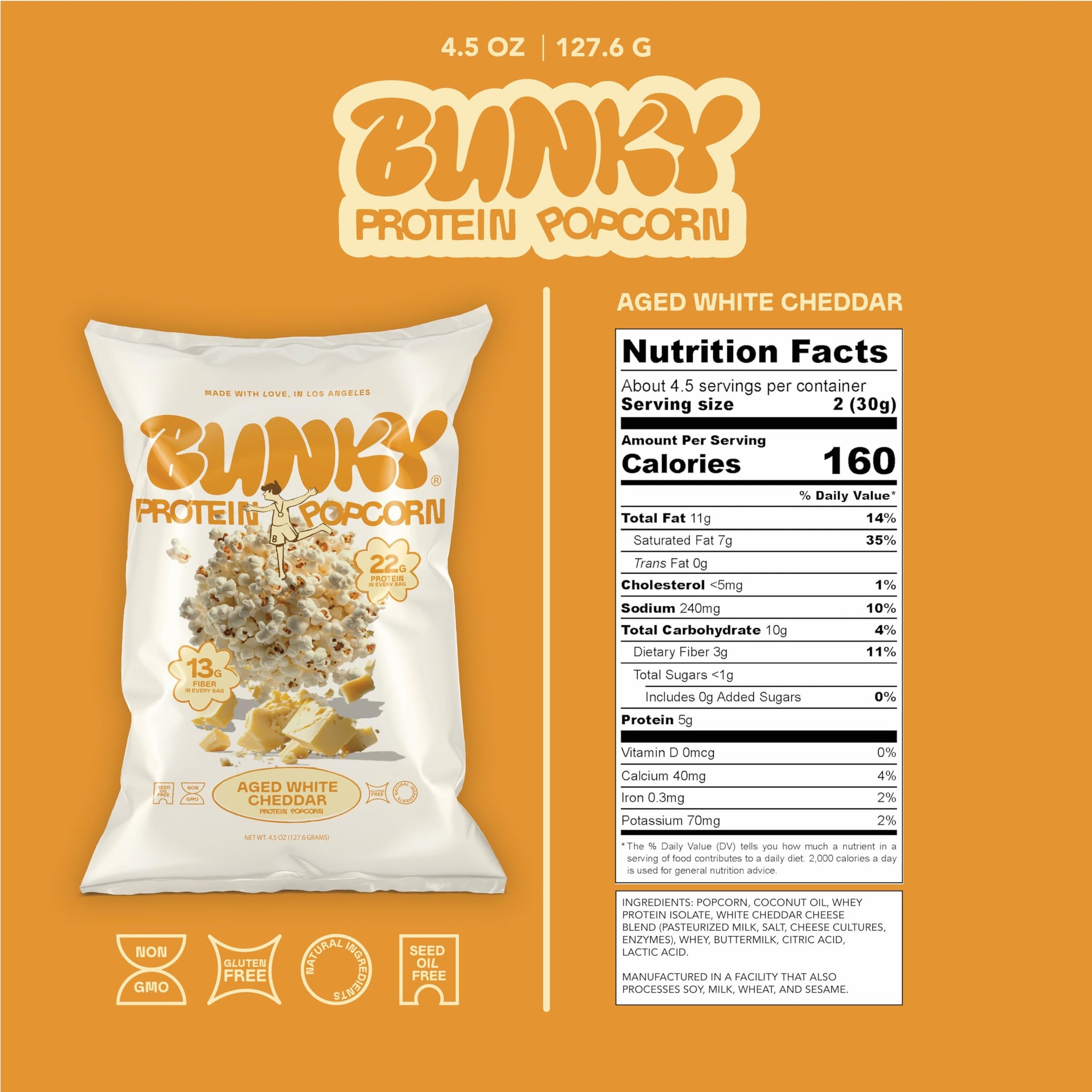 BUNKY Protein Popcorn, Aged White Cheddar | up to 20g Protein +13G Fiber Per Bag | High-Protein, Low-Calorie, Gluten-Free Snack | Non-GMO, No Seed