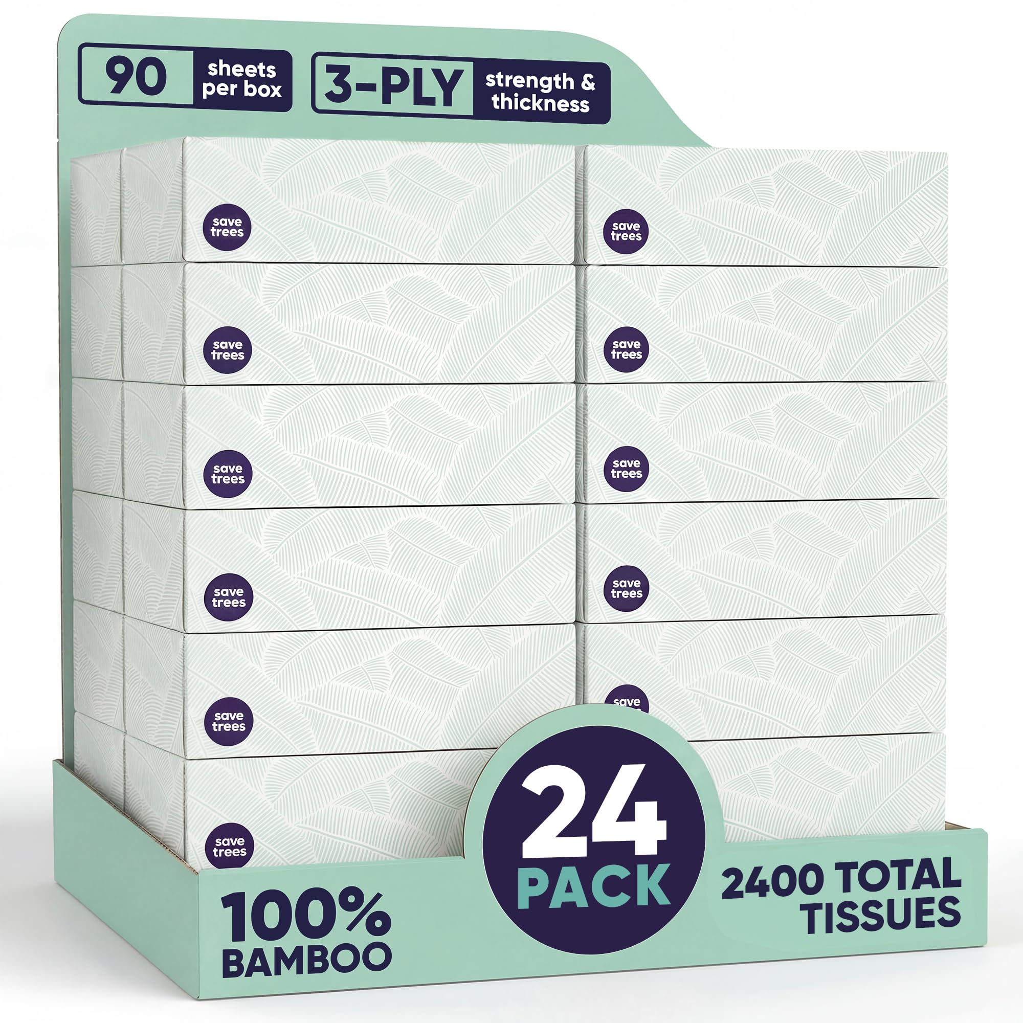 Save Trees Bamboo Facial Tissues -24 Boxes- Bamboo Tissue Boxes, 90 Hypoallergenic Facial Tissues per Box - Unscented, Fragrance-Free, Eco-Friendly