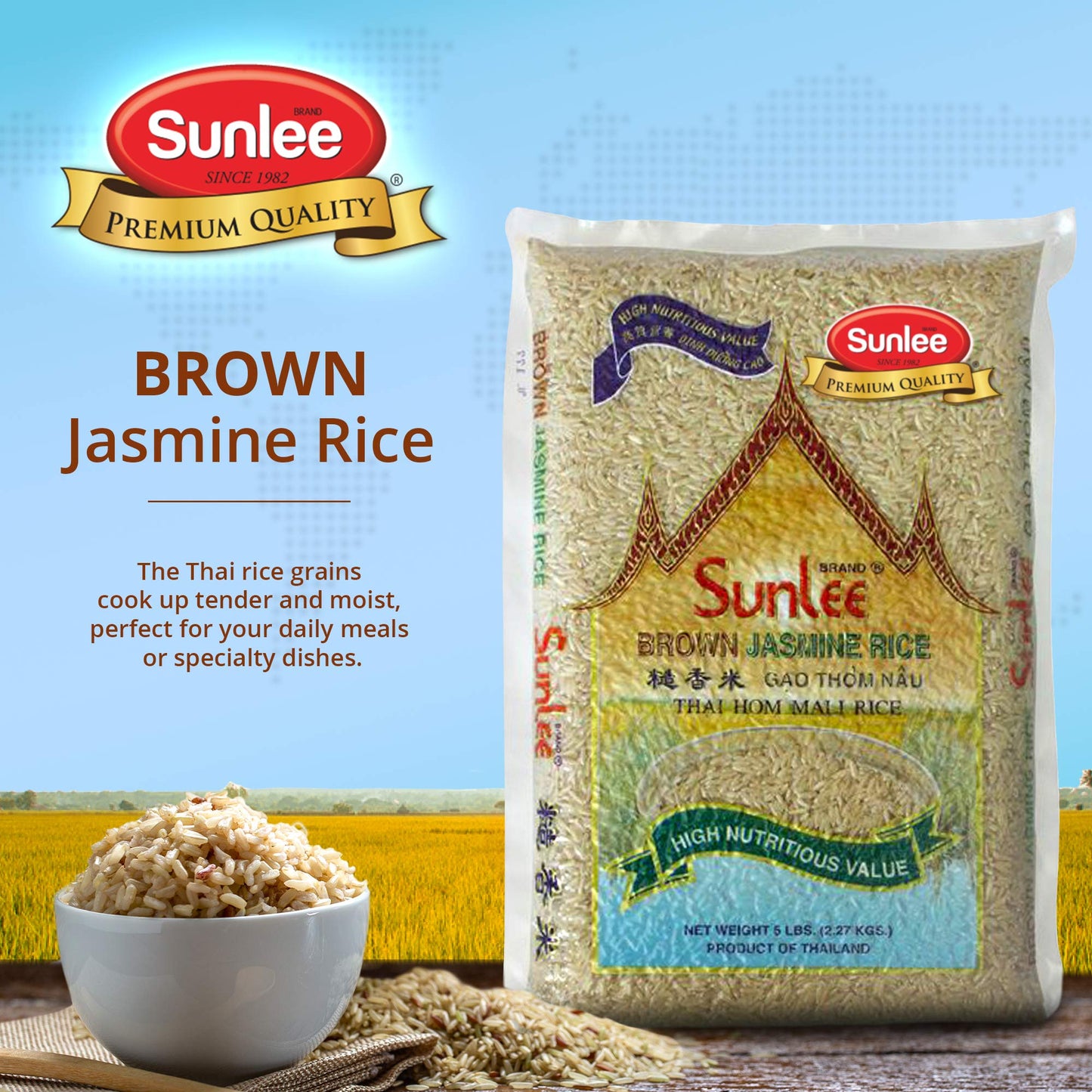 Sunlee Brown Jasmine Rice - 5 lbs Long Grain Brown Rice, Fragrant Aroma, Great for Vegans & Vegetarians, Naturally Gluten-Free