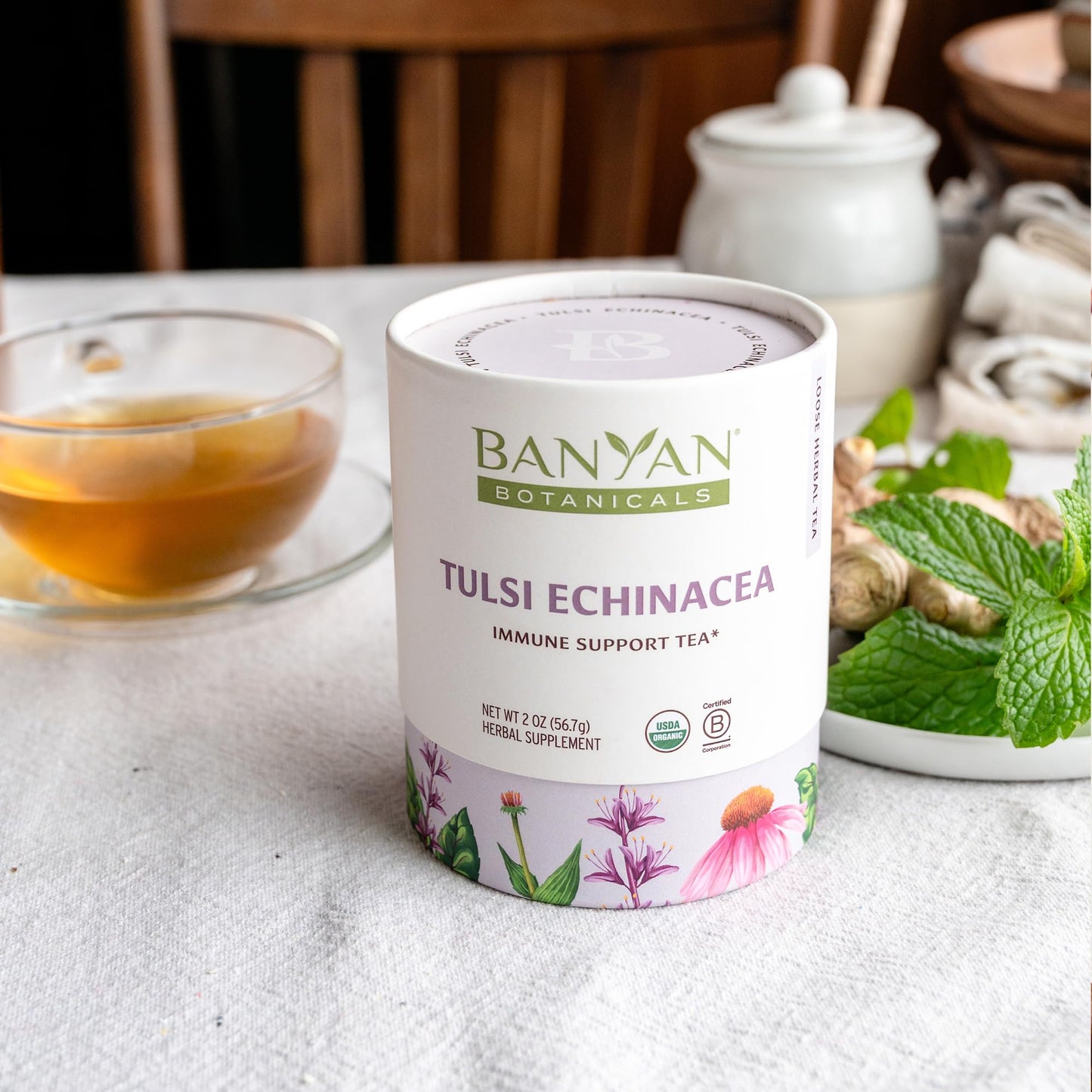 Banyan Botanicals Tulsi Echinacea Tea - Organic Immune Support with Turmeric & Rosehip - Caffeine Free Tea for Healthy Immune Function* - 2 oz