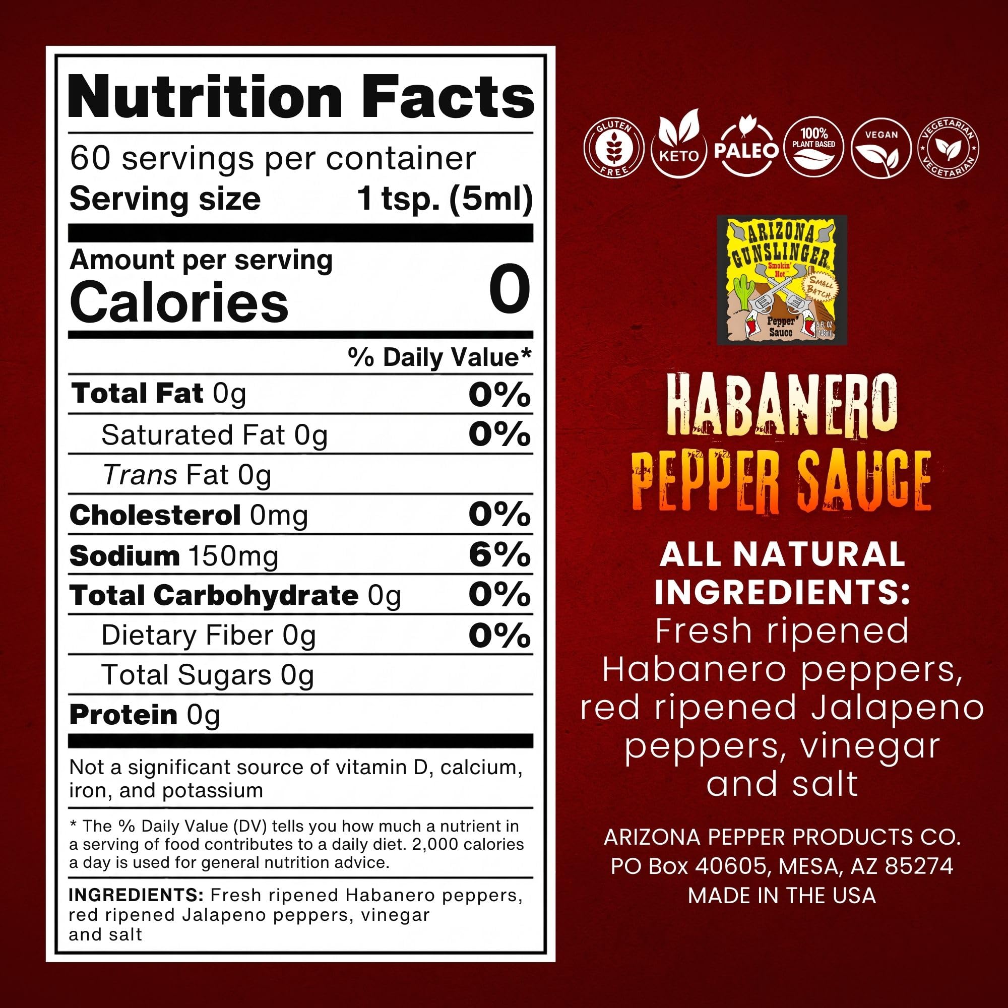 Arizona Gunslinger Habanero Hot Sauce - Made from Fresh Ripened Habanero Peppers and Red Ripened Jalapeño Peppers - Extremely Hot, Thick & Flavorful