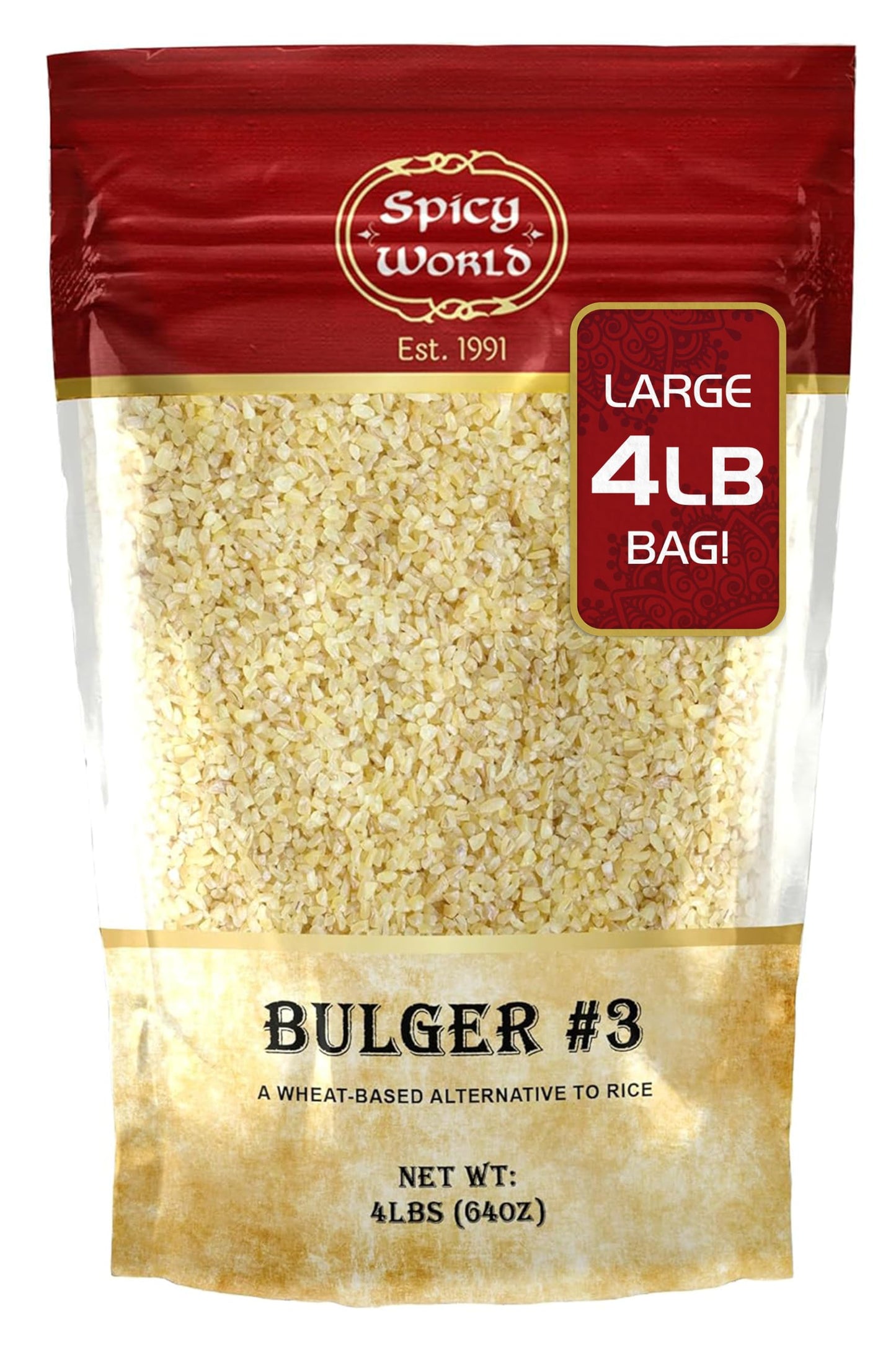 Spicy World Bulgur Coarse #3, 4 LB Bag | Excellent USA Grown Bulgur Wheat for Tabouleh | 100% Natural & Pure | Great for Vegan Recipes