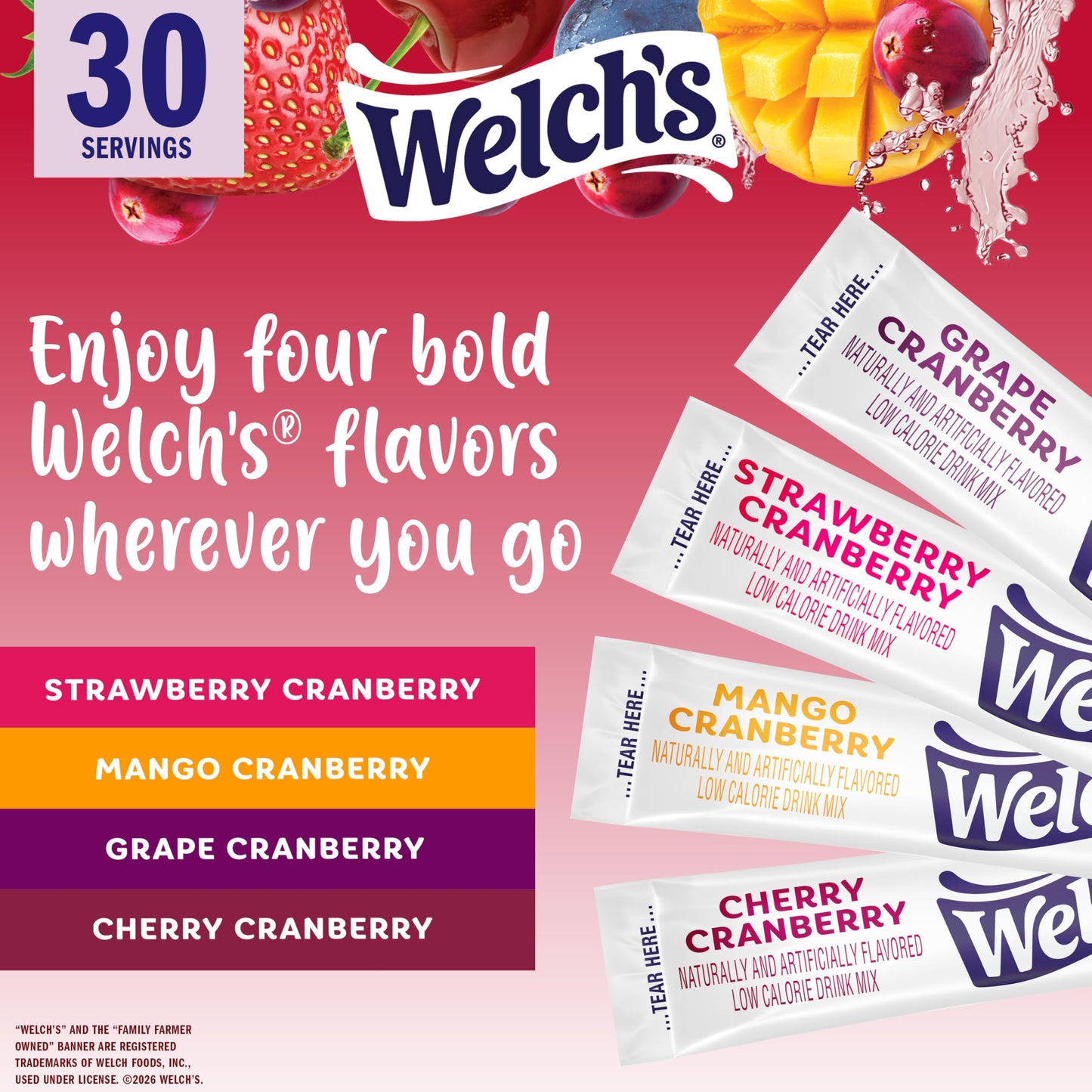 Welch’s Singles To Go! Cranberry Variety Pack Drink Mix, Sugar Free Water Flavor Packets, No Aspartame, No Artificial Dyes, Low Calorie, 4 Flavors