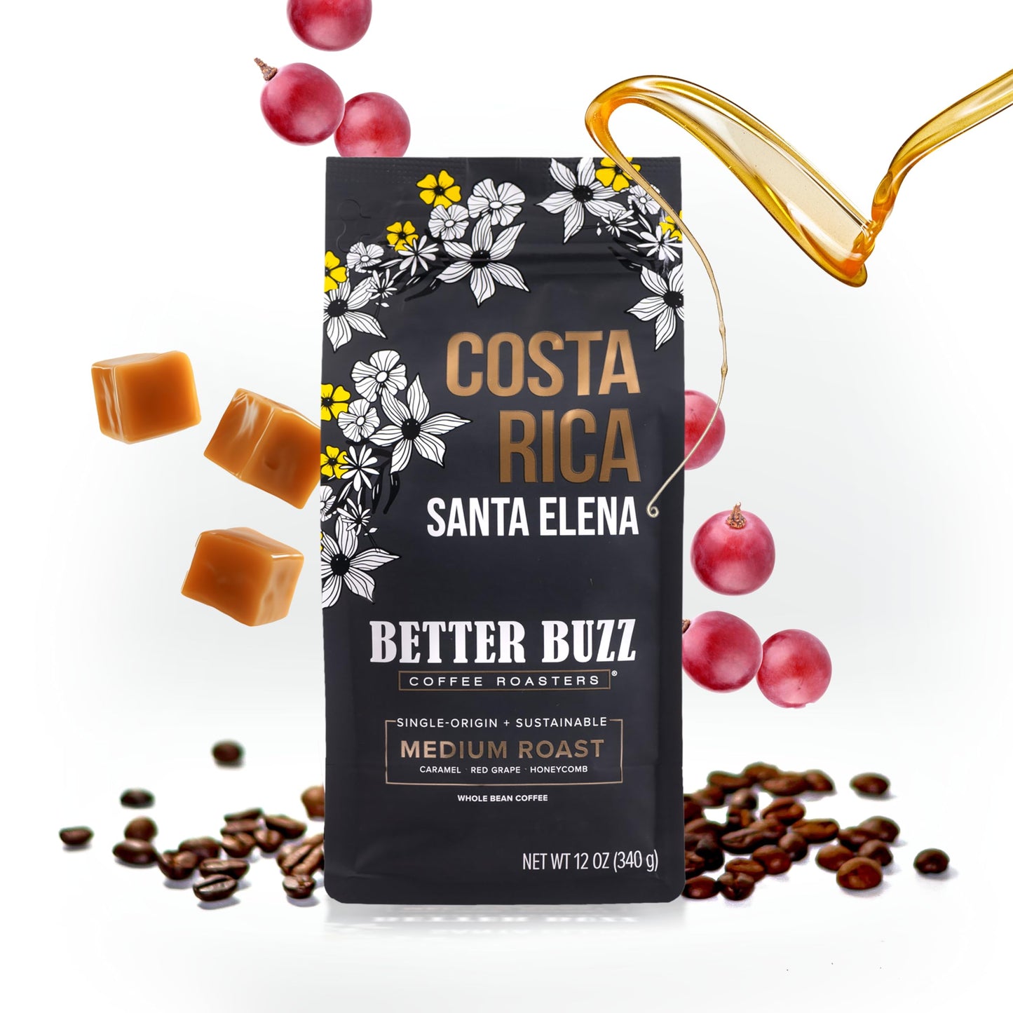 Better Buzz Costa Rica Whole Bean Coffee Medium Roast, 12 Ounce (Pack of 1), Small Batch Roasted Arabica Coffee Beans, Caramel and Honeycomb Notes