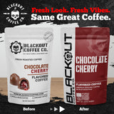 Blackout Coffee Chocolate Cherry Flavored Ground Coffee - Medium Roast, Smooth Taste, Guilt-Free Indulgence - Freshly Roasted 12oz Pouch.