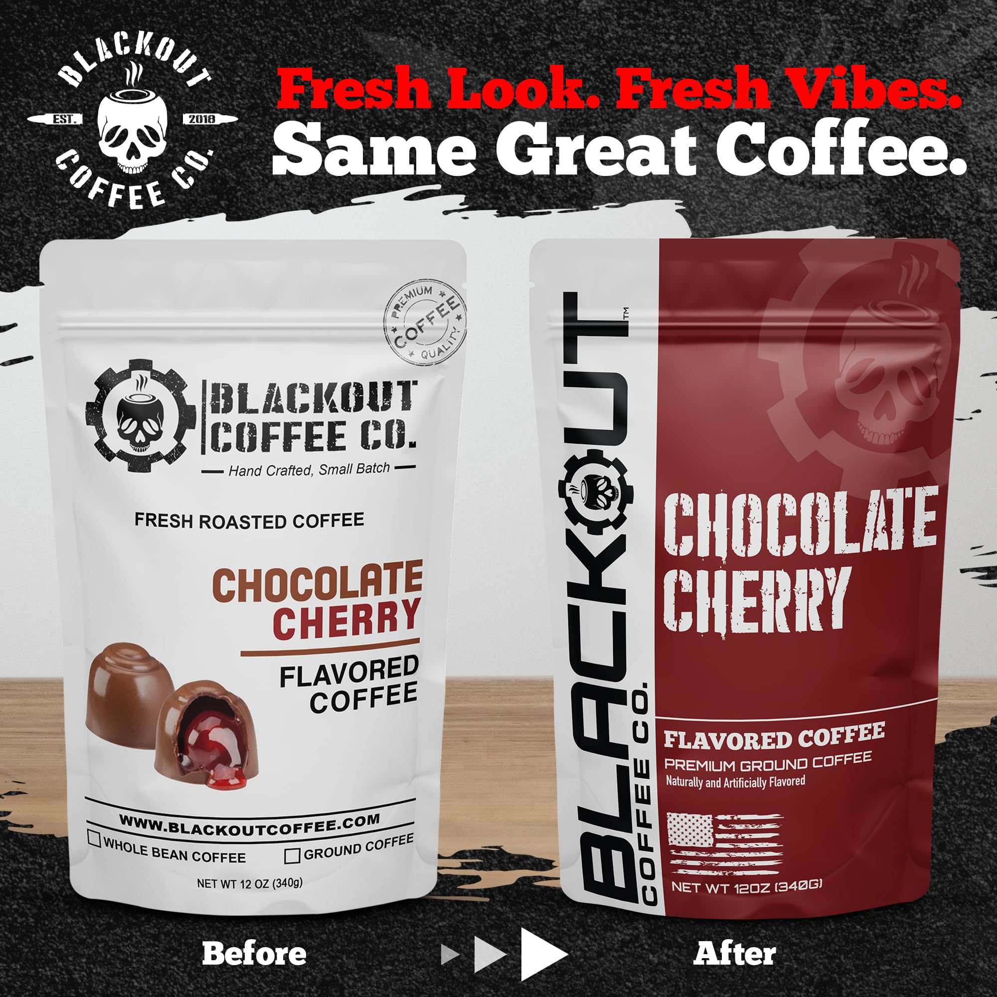 Blackout Coffee Chocolate Cherry Flavored Ground Coffee - Medium Roast, Smooth Taste, Guilt-Free Indulgence - Freshly Roasted 12oz Pouch.