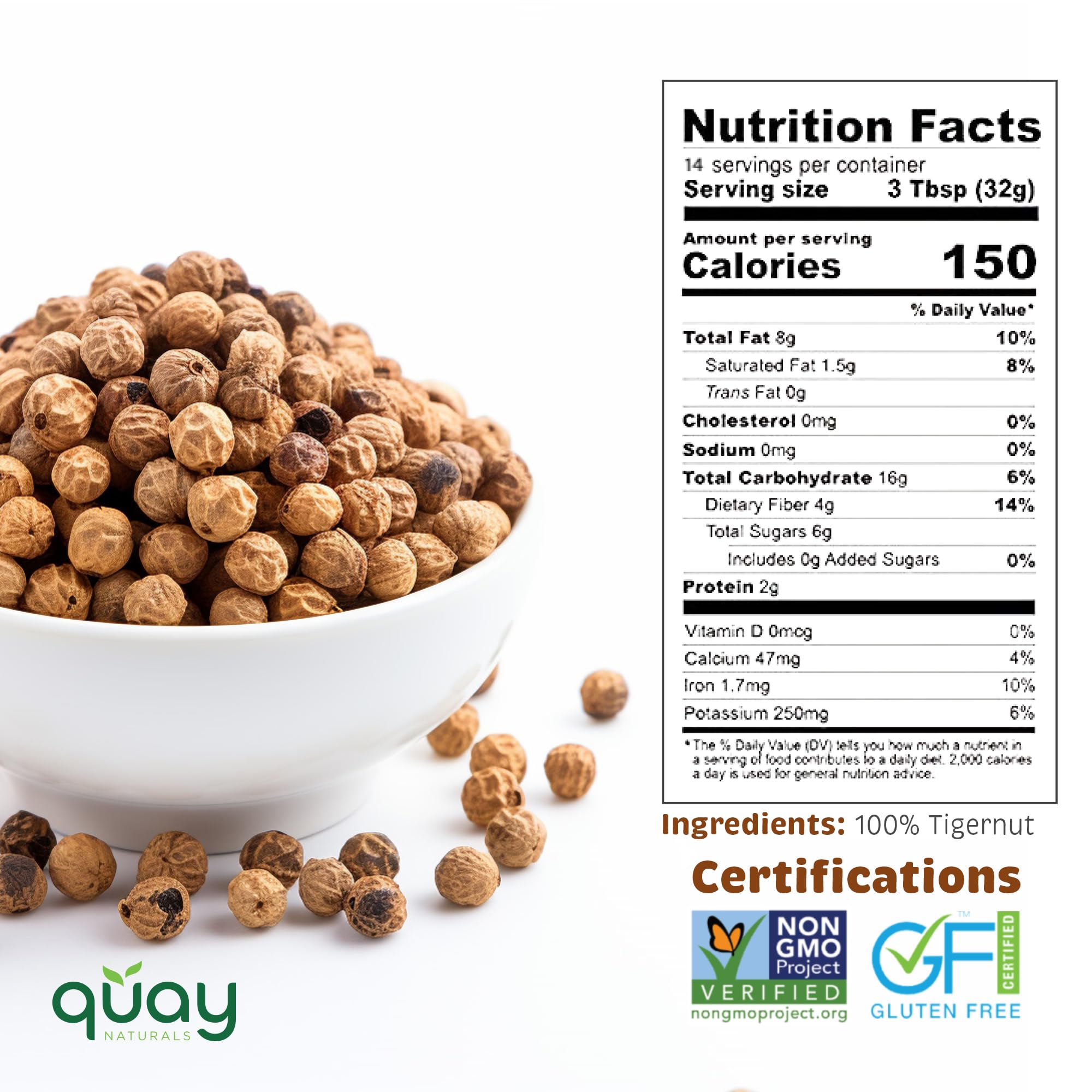 Quay Naturals Organic Tigernuts 16 oz, Raw, for Snacking, Baking, Smoothies, Yogurt & Salad - Chufa Nuts - High Fiber, Gluten Free & Keto Friendly