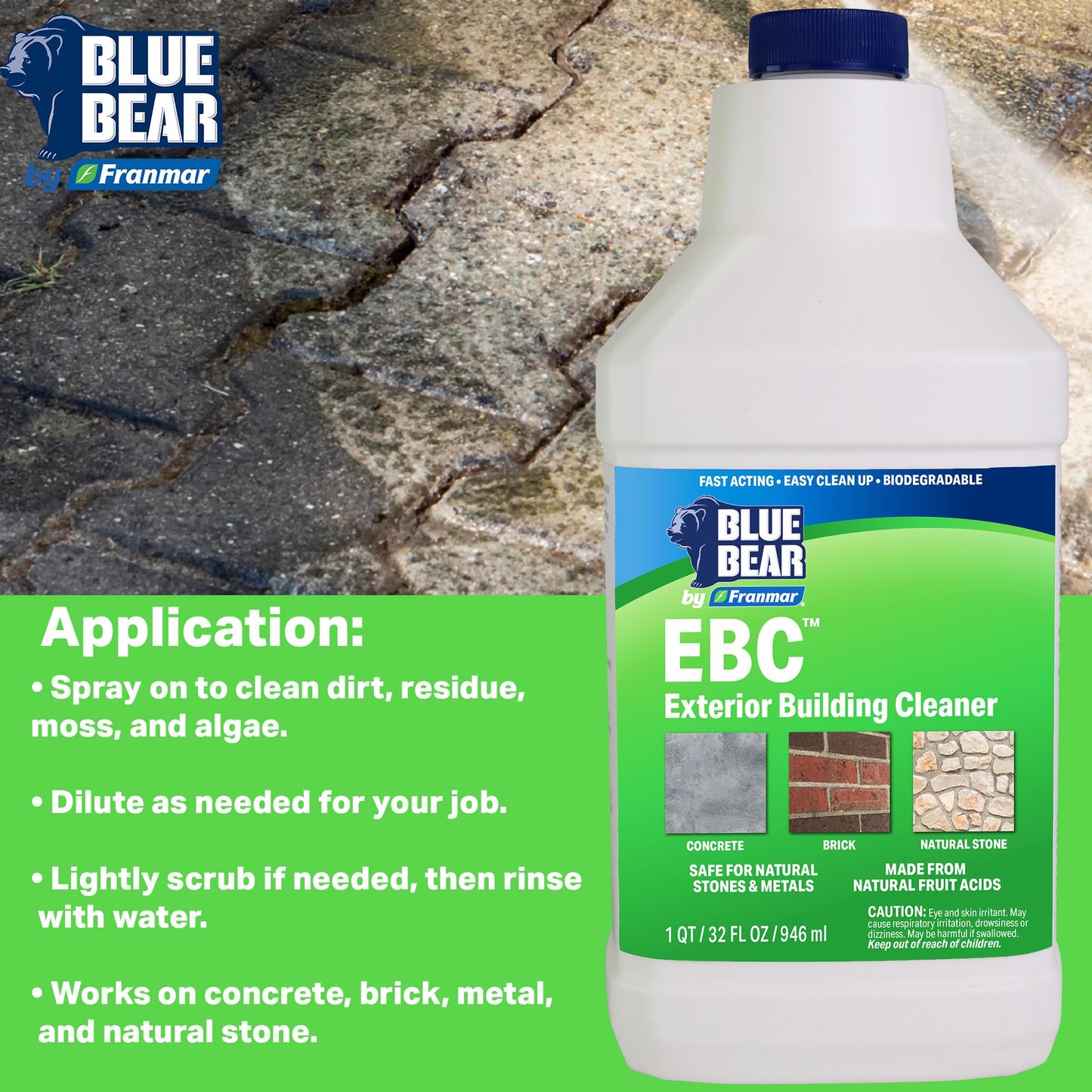 Blue Bear EBC Exterior Building Cleaner - Natural Fruit Acid Concentrate for Brick, Stone, Concrete & Metal-Removes Efflorescence, Lime Residue, Moss