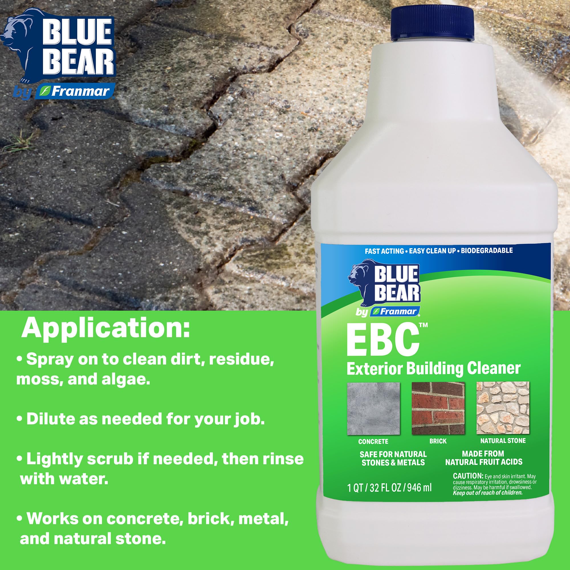 Blue Bear EBC Exterior Building Cleaner - Natural Fruit Acid Concentrate for Brick, Stone, Concrete & Metal-Removes Efflorescence, Lime Residue, Moss