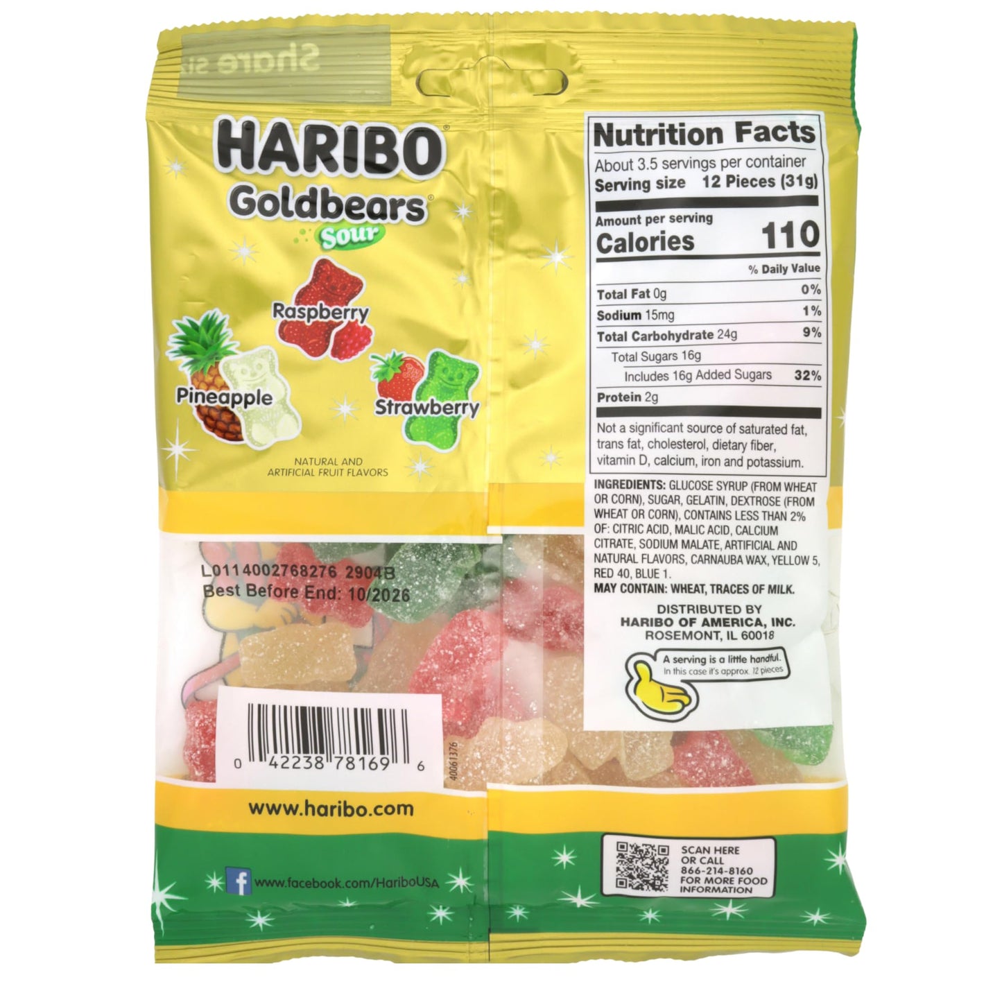 Christmas Haribo Sour Goldbears, Assorted Fruit Flavored Gummy Bears, Holiday Stocking Stuffer Candy, 4 Ounces (Pack of 3)