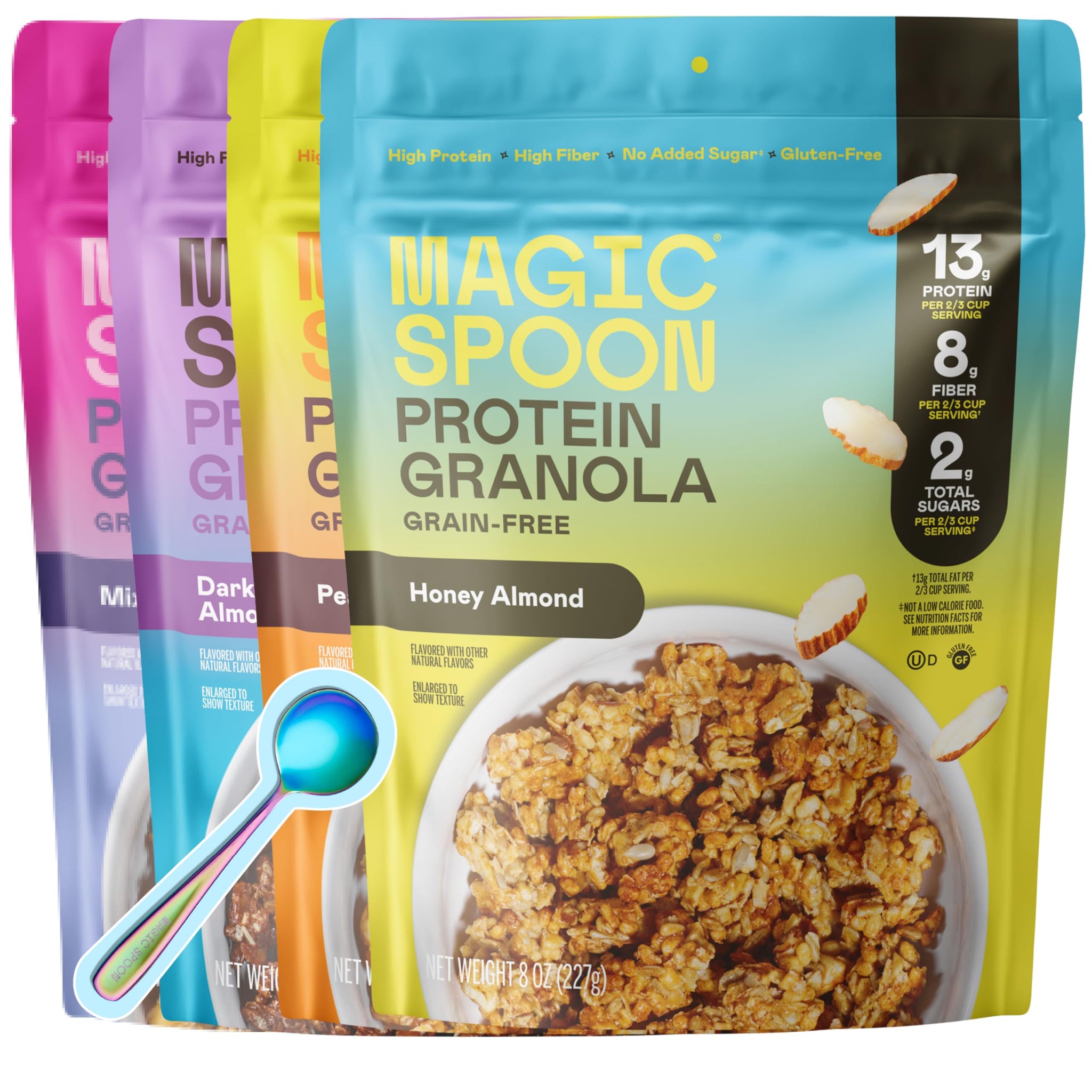 Magic Spoon High Protein Granola Low Sugar - 4 Pack: Mixed Berry, Dark Chocolate Almond, Peanut Butter, & Honey Almond - Low Carb Sugar Free Protein