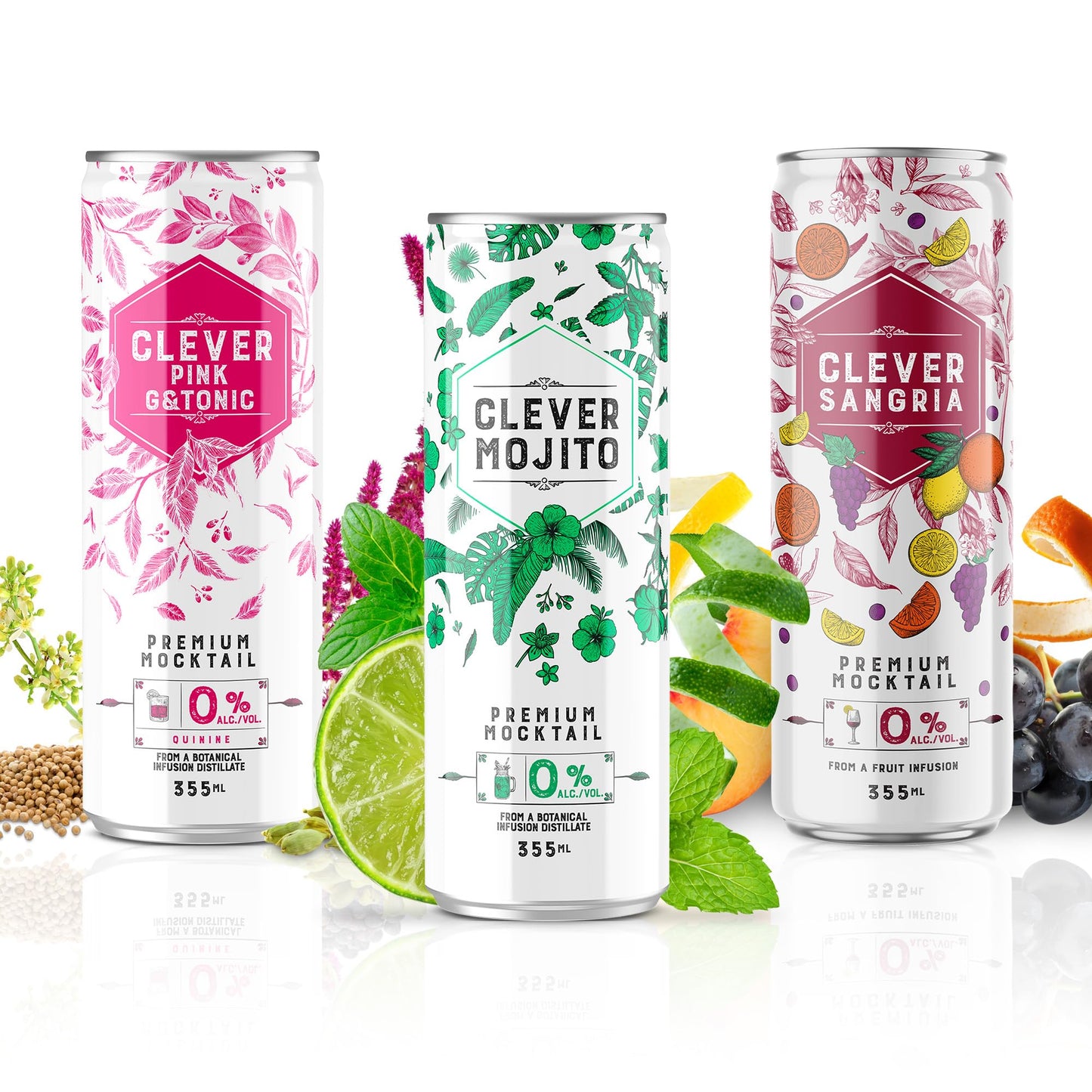 CLEVER - Nonalcoholic Mocktails Mix Pack, 3 Mocktails Non-alcoholic Drinks: Mojito, Sangria & Pink G & Tonic, Low-Calorie All-Occasion Refreshing