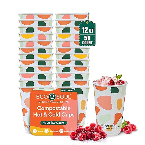 ECO SOUL 12 oz 50 Disposable Paper Cups,Hot/Cold Beverage Paper Drinking Cups, Leakproof Printed Cups for Cafe, Office, Party